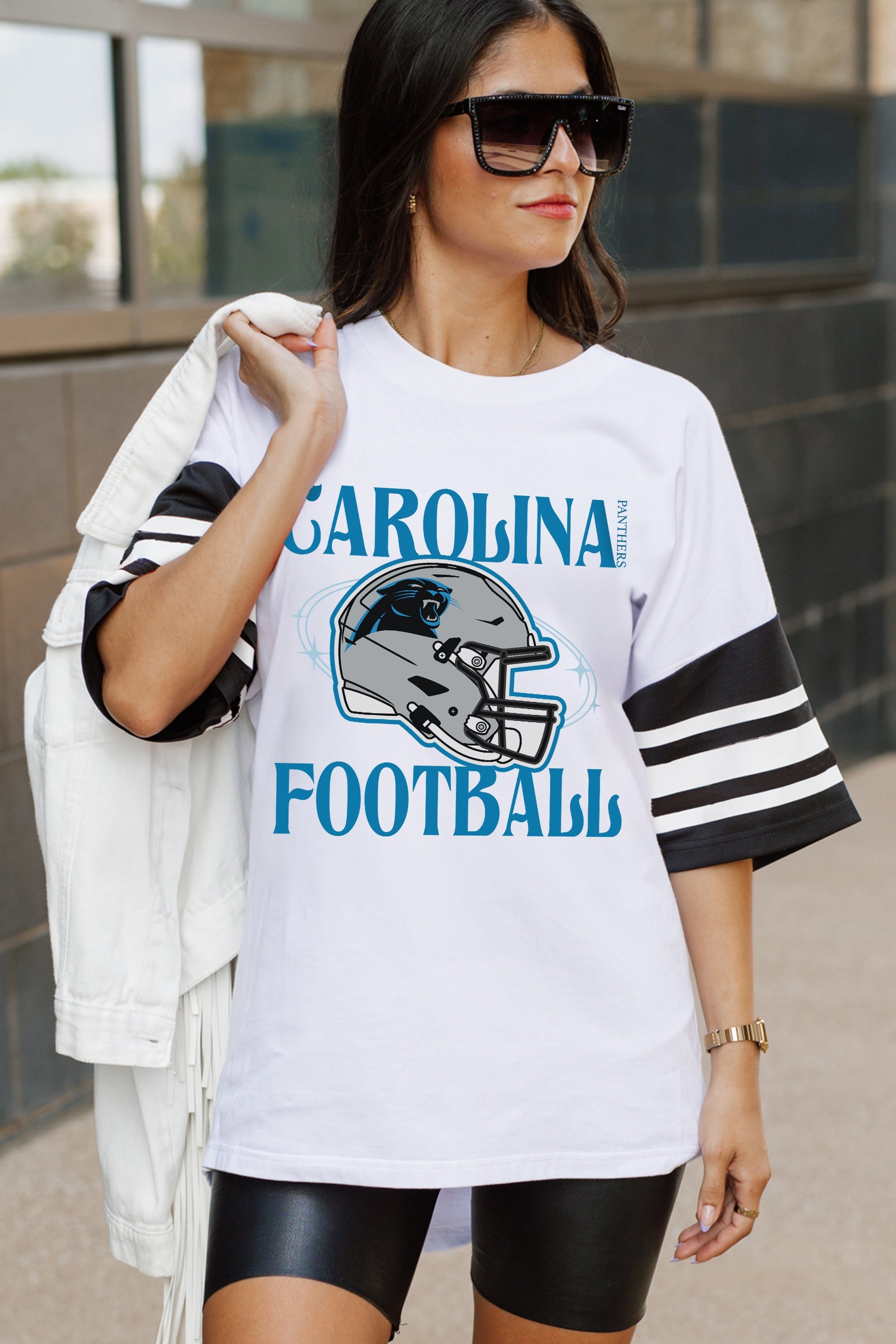 CAROLINA PANTHERS STARTING LINEUP VINTAGE LOOK SHORT SLEEVE SPORTS STRIPE RAGLAN TEE