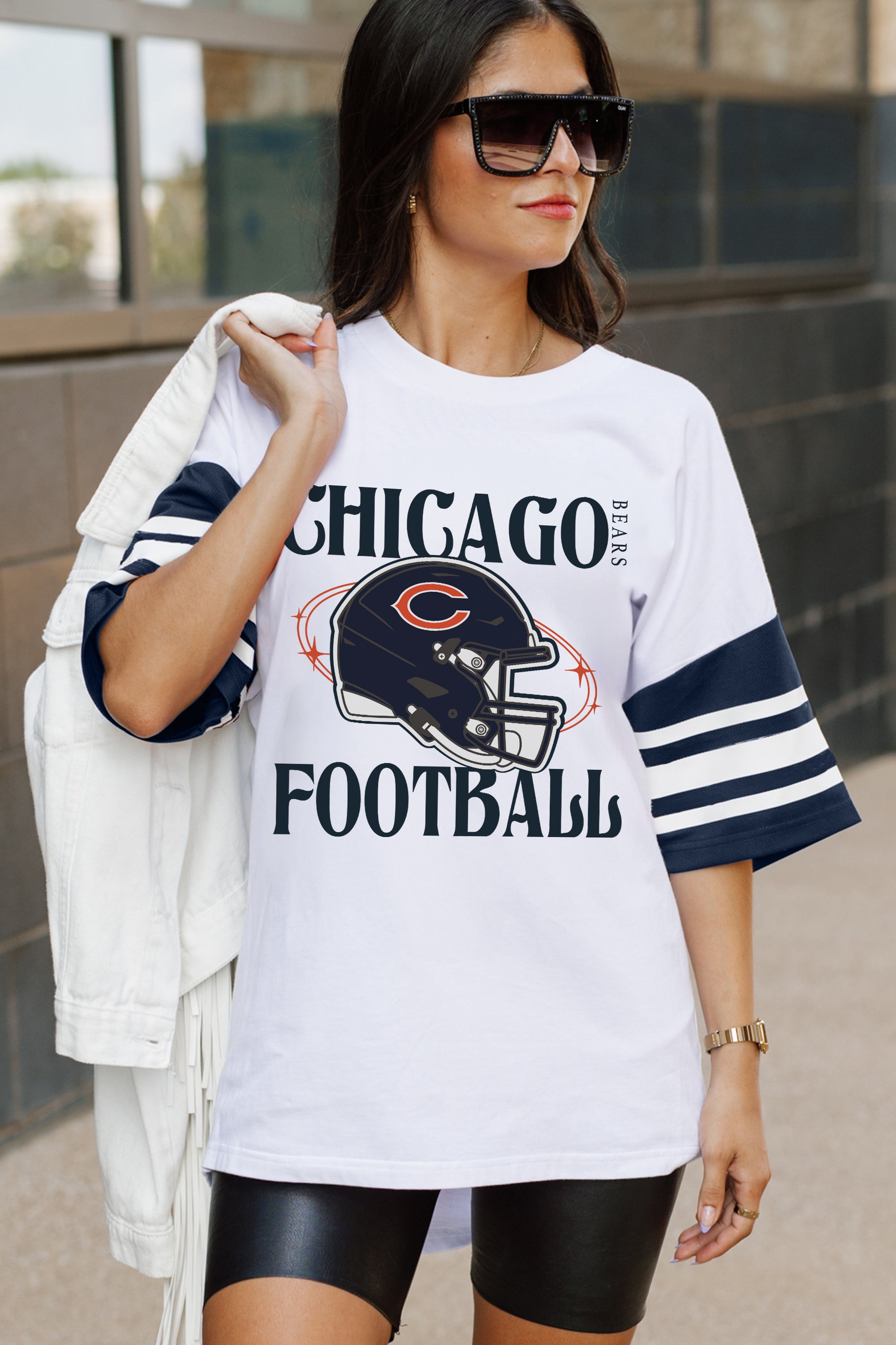 CHICAGO BEARS STARTING LINEUP VINTAGE LOOK SHORT SLEEVE SPORTS STRIPE RAGLAN TEE