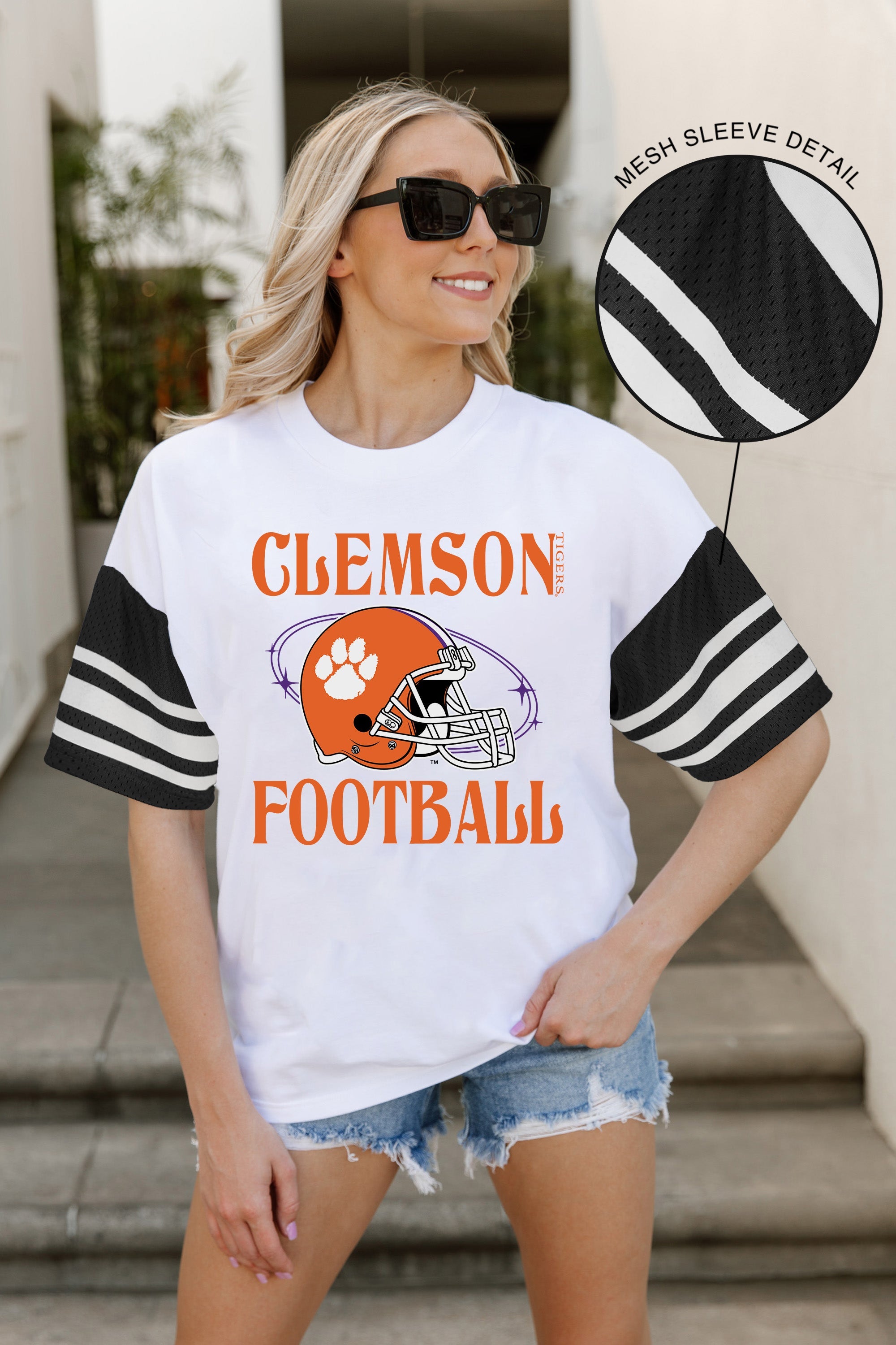 CLEMSON TIGERS STARTING LINEUP VINTAGE LOOK SHORT SLEEVE SPORTS STRIPE RAGLAN TEE