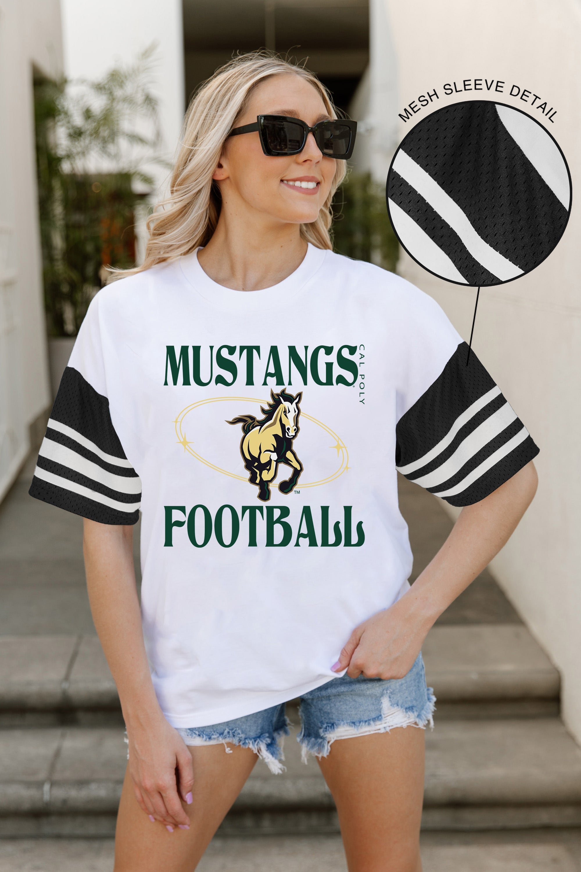 CAL POLY MUSTANGS STARTING LINEUP VINTAGE LOOK SHORT SLEEVE SPORTS STRIPE RAGLAN TEE