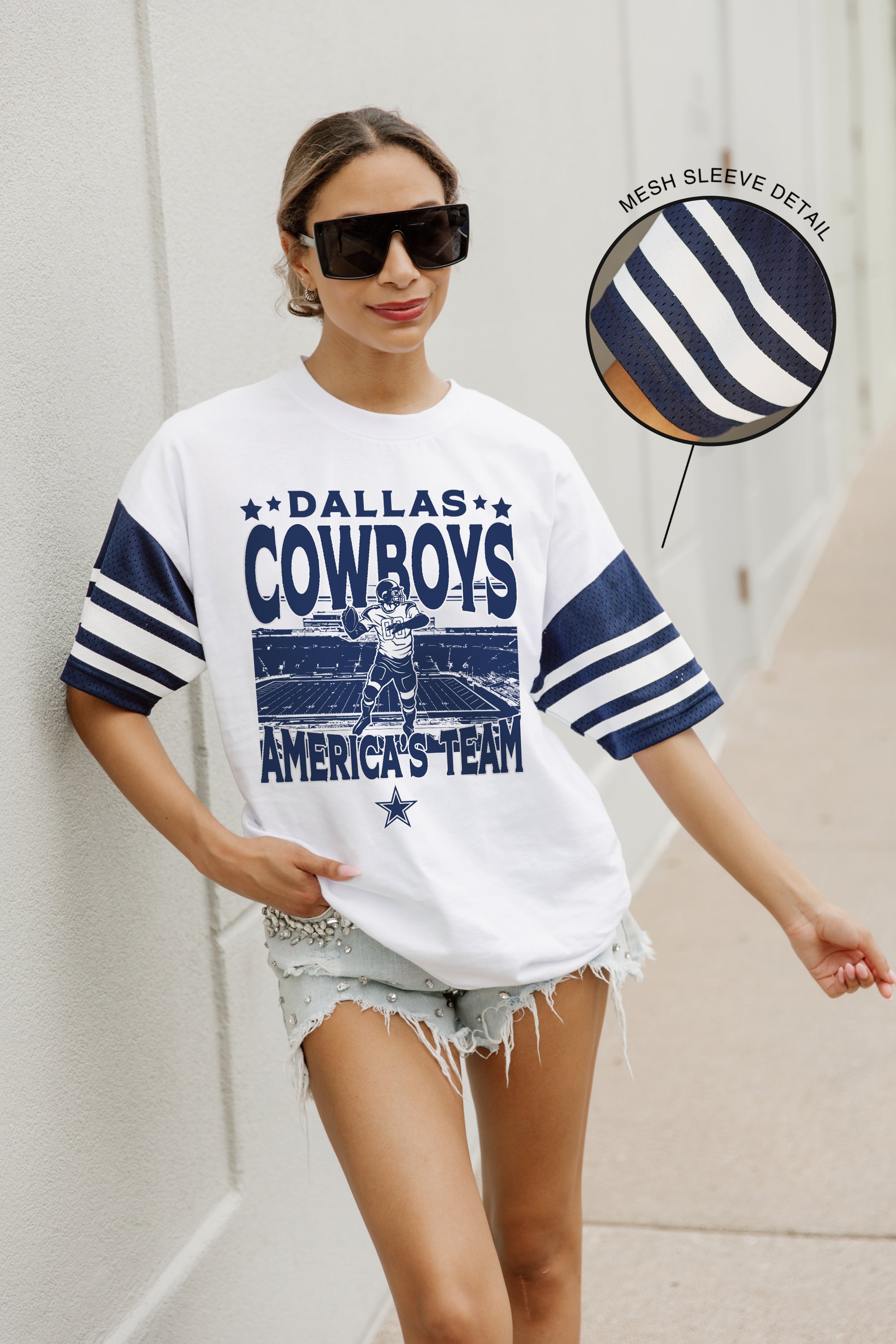 DALLAS COWBOYS CROWD PLEASER VINTAGE LOOK SHORT SLEEVE SPORTS STRIPE RAGLAN TEE