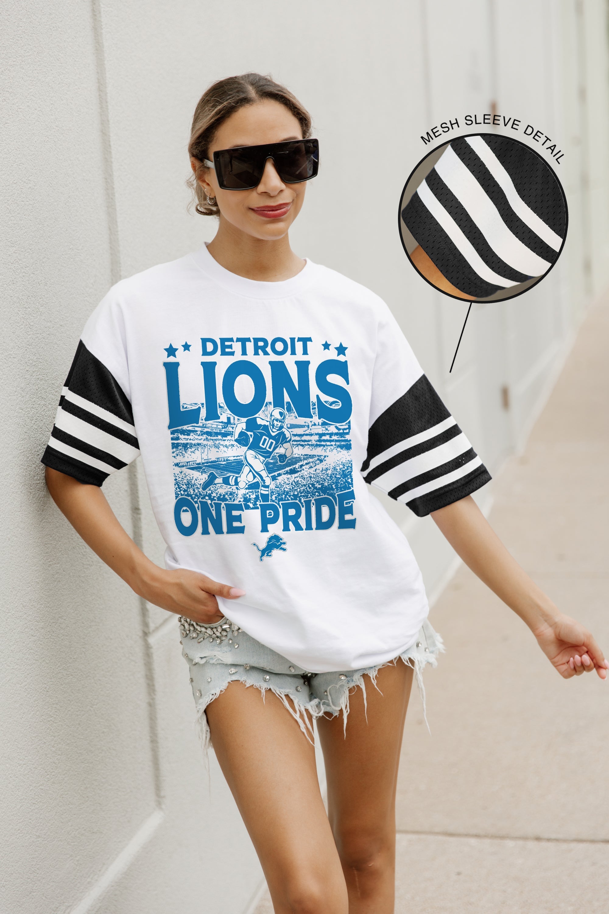 DETROIT LIONS CROWD PLEASER VINTAGE LOOK SHORT SLEEVE SPORTS STRIPE RAGLAN TEE