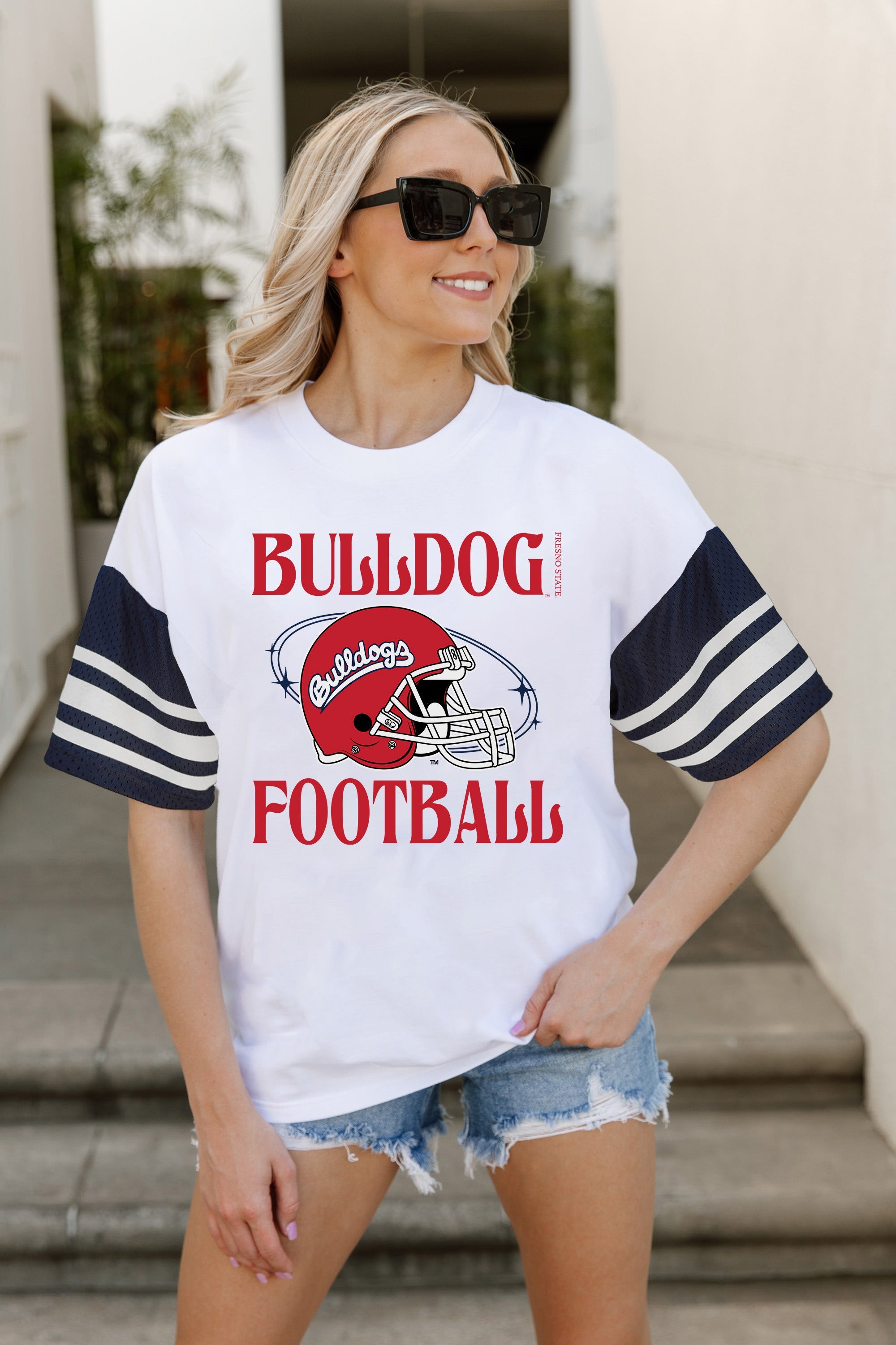 FRESNO STATE BULLDOGS STARTING LINEUP VINTAGE LOOK SHORT SLEEVE SPORTS STRIPE RAGLAN TEE