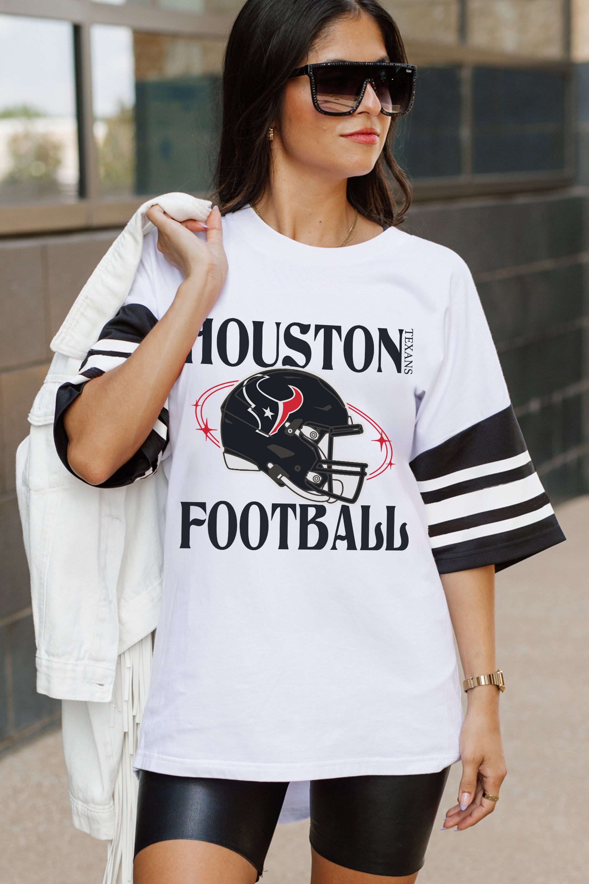 HOUSTON TEXANS STARTING LINEUP VINTAGE LOOK SHORT SLEEVE SPORTS STRIPE RAGLAN TEE