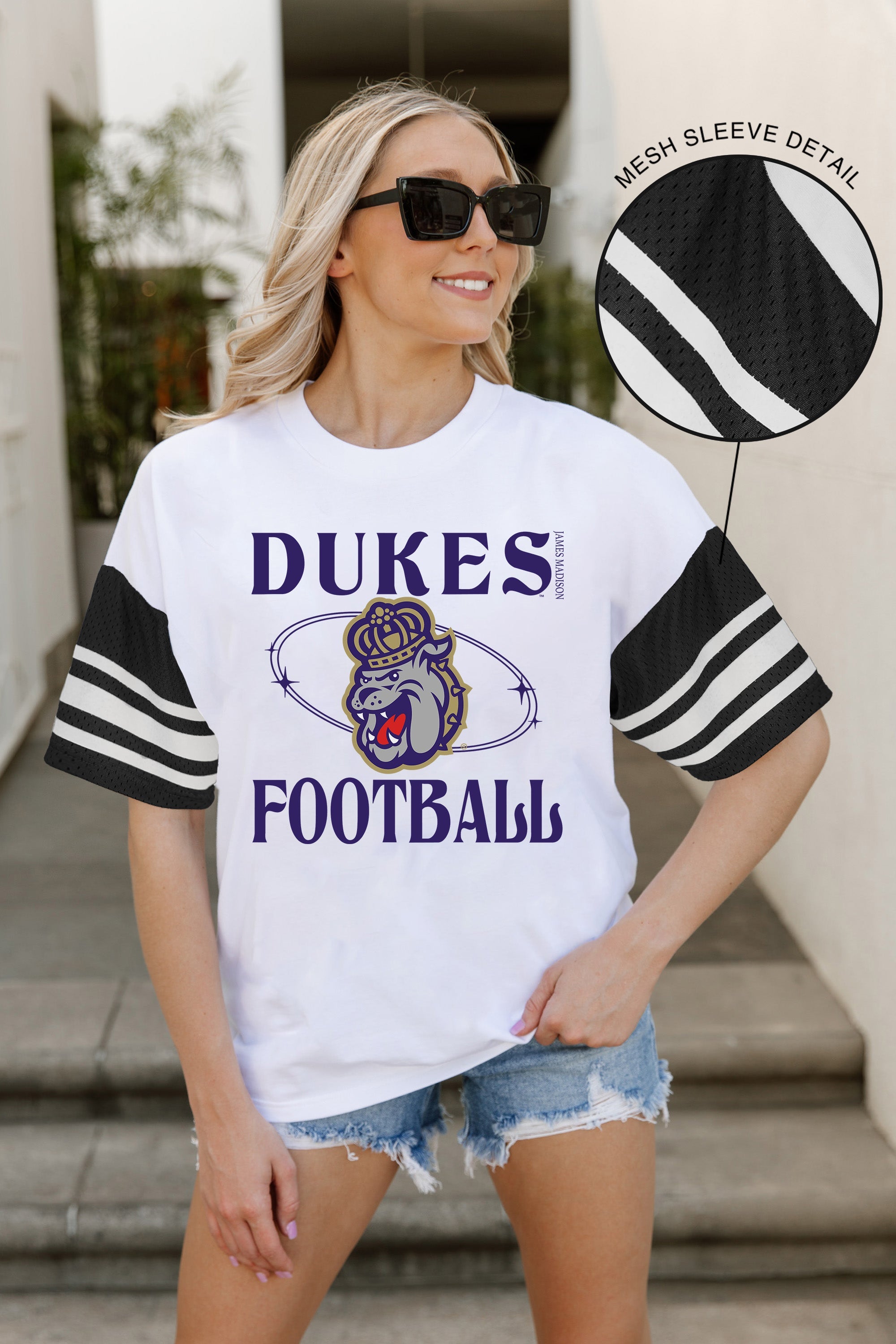 JAMES MADISON DUKES STARTING LINEUP VINTAGE LOOK SHORT SLEEVE SPORTS STRIPE RAGLAN TEE