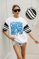 LOS ANGELES CHARGERS CROWD PLEASER VINTAGE LOOK SHORT SLEEVE SPORTS STRIPE RAGLAN TEE