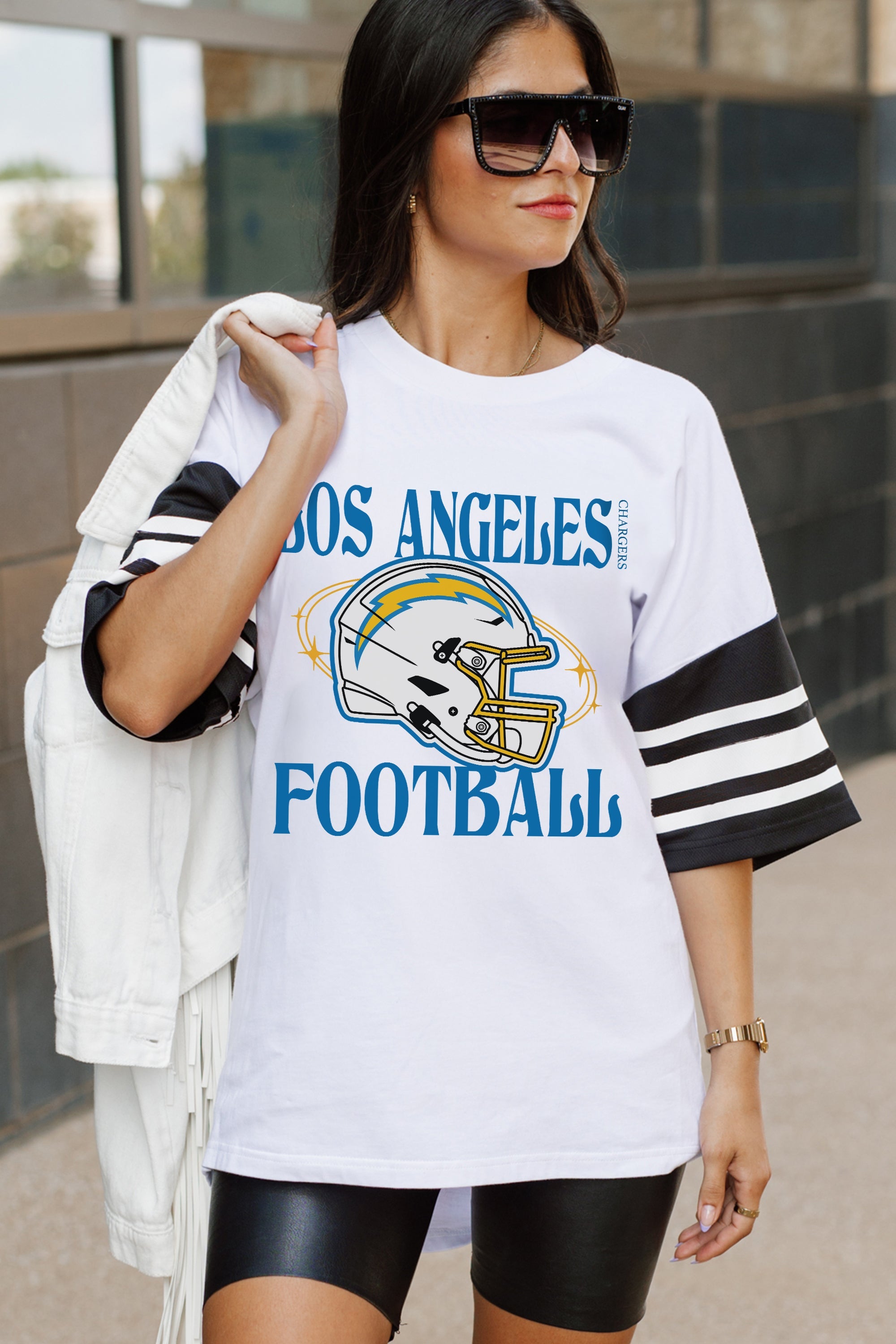 LOS ANGELES CHARGERS STARTING LINEUP VINTAGE LOOK SHORT SLEEVE SPORTS STRIPE RAGLAN TEE