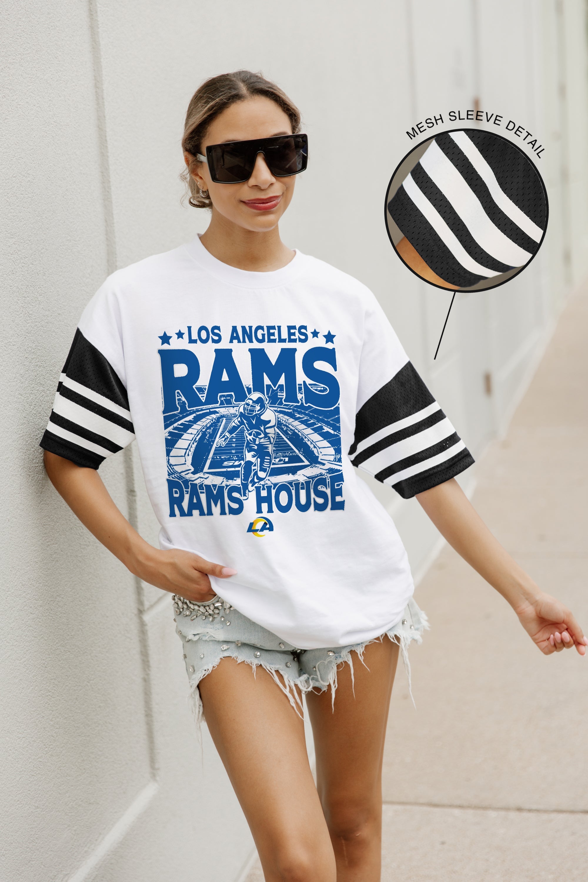 LOS ANGELES RAMS CROWD PLEASER VINTAGE LOOK SHORT SLEEVE SPORTS STRIPE RAGLAN TEE