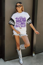 LSU TIGERS CROWD PLEASER VINTAGE LOOK SHORT SLEEVE SPORTS STRIPE RAGLAN TEE