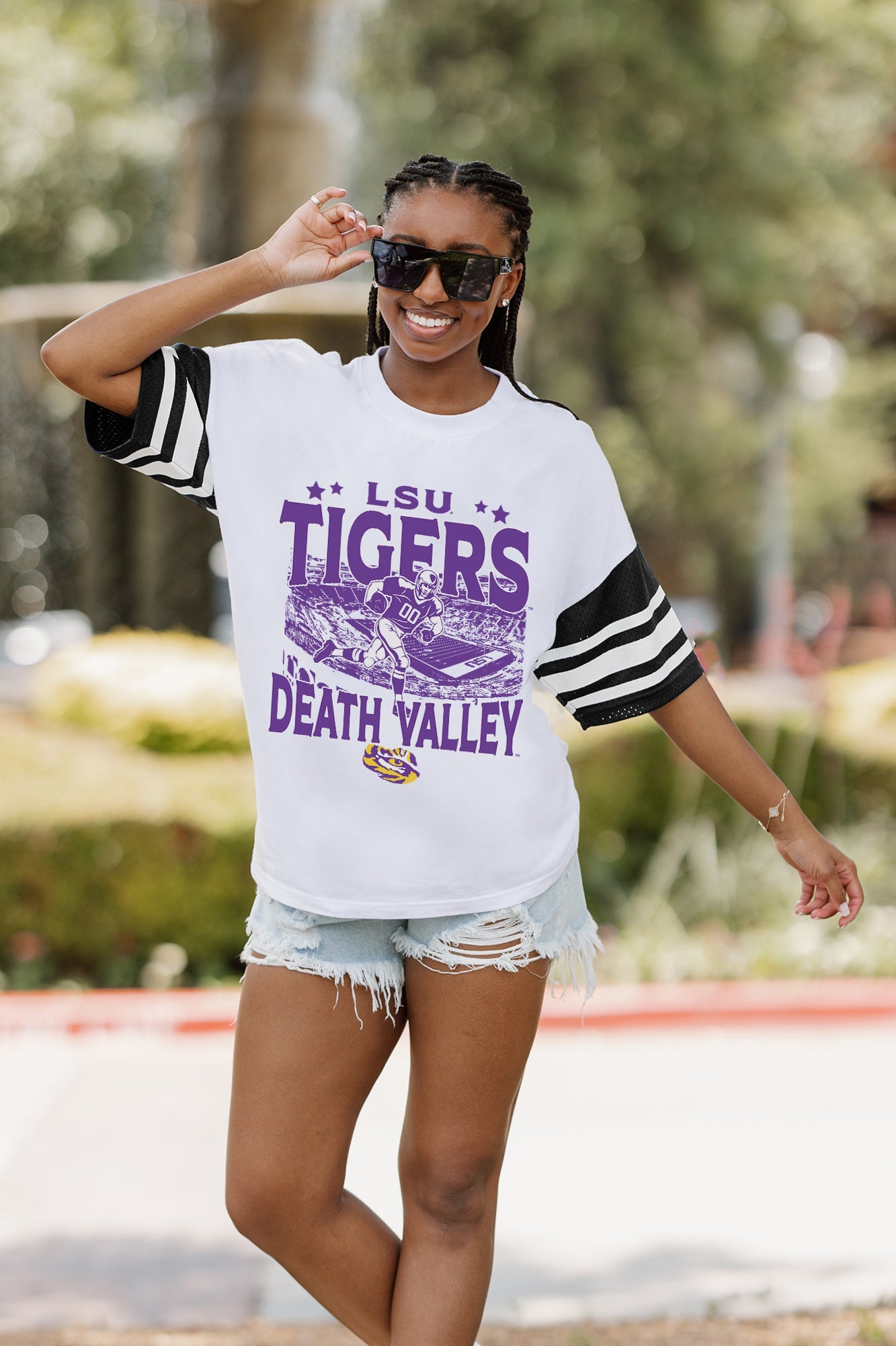 LSU TIGERS CROWD PLEASER VINTAGE LOOK SHORT SLEEVE SPORTS STRIPE RAGLAN TEE