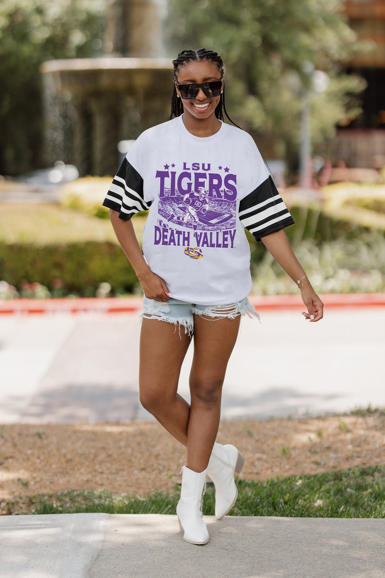 LSU TIGERS CROWD PLEASER VINTAGE LOOK SHORT SLEEVE SPORTS STRIPE RAGLAN TEE