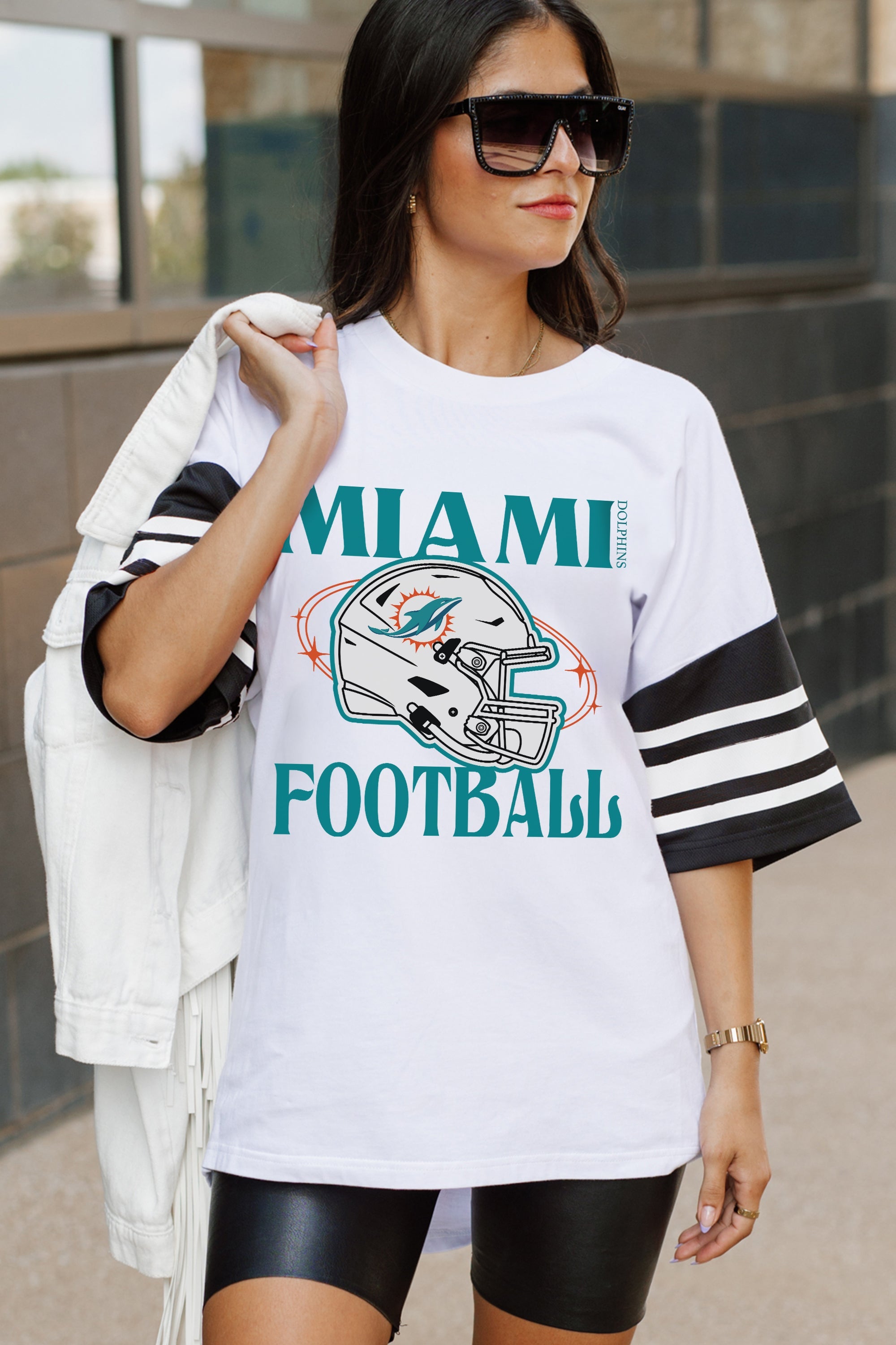 MIAMI DOLPHINS STARTING LINEUP VINTAGE LOOK SHORT SLEEVE SPORTS STRIPE RAGLAN TEE