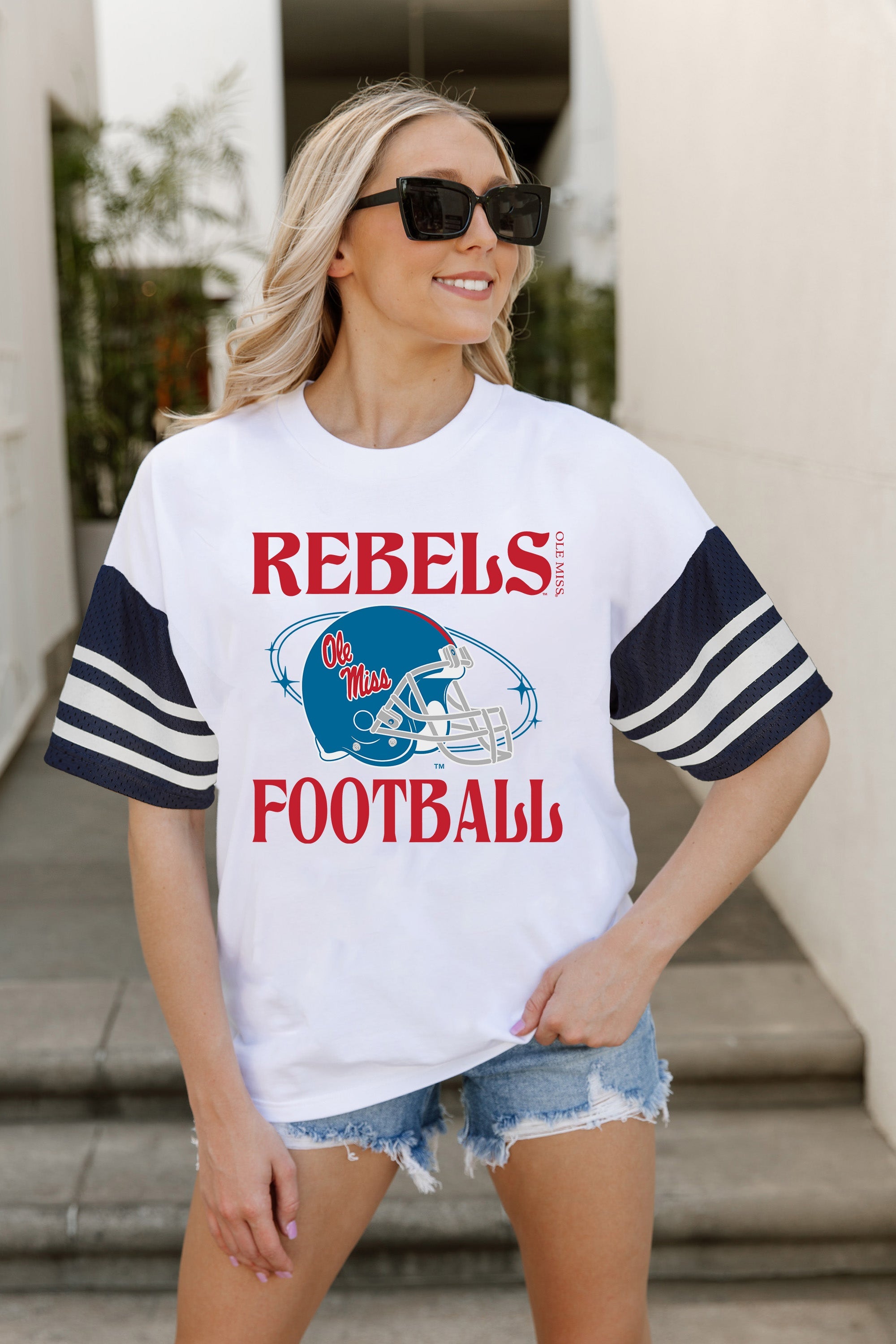 OLE MISS REBELS STARTING LINEUP VINTAGE LOOK SHORT SLEEVE SPORTS STRIPE RAGLAN TEE