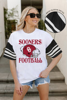 OKLAHOMA SOONERS STARTING LINEUP VINTAGE LOOK SHORT SLEEVE SPORTS STRIPE RAGLAN TEE