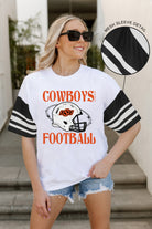 OKLAHOMA STATE COWBOYS STARTING LINEUP VINTAGE LOOK SHORT SLEEVE SPORTS STRIPE RAGLAN TEE