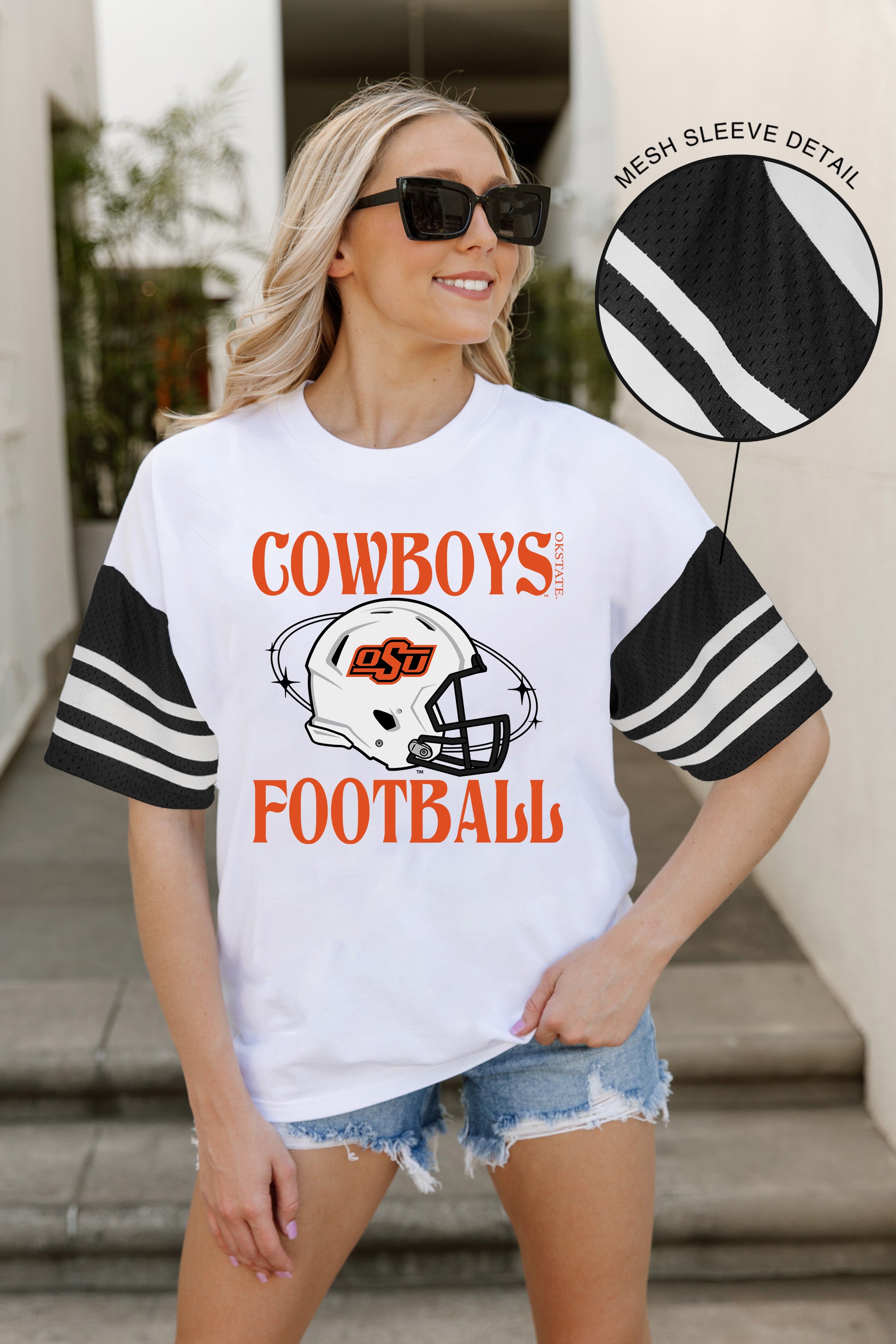 OKLAHOMA STATE COWBOYS STARTING LINEUP VINTAGE LOOK SHORT SLEEVE SPORTS STRIPE RAGLAN TEE