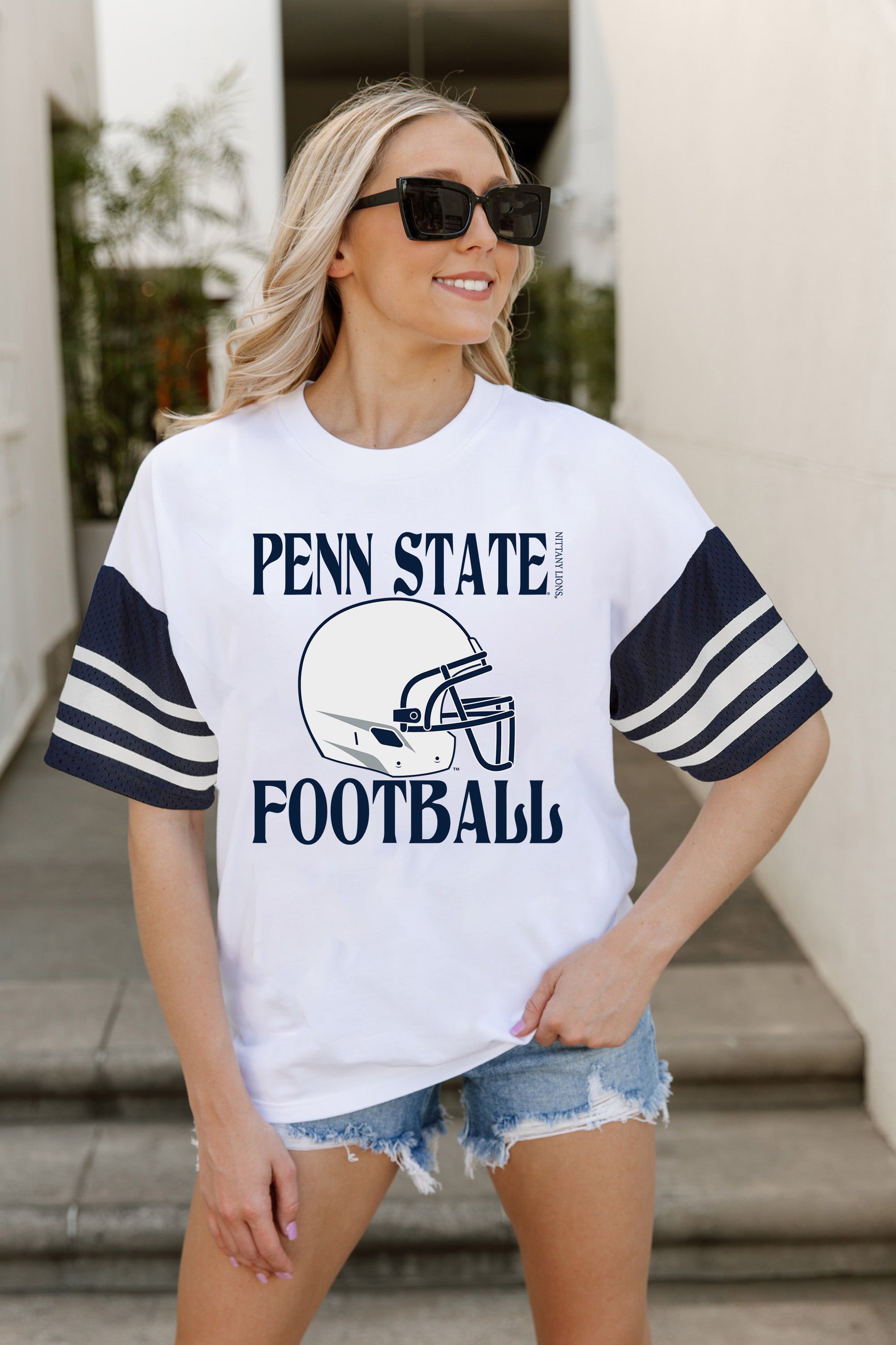 PENN STATE NITTANY LIONS STARTING LINEUP VINTAGE LOOK SHORT SLEEVE SPORTS STRIPE RAGLAN TEE