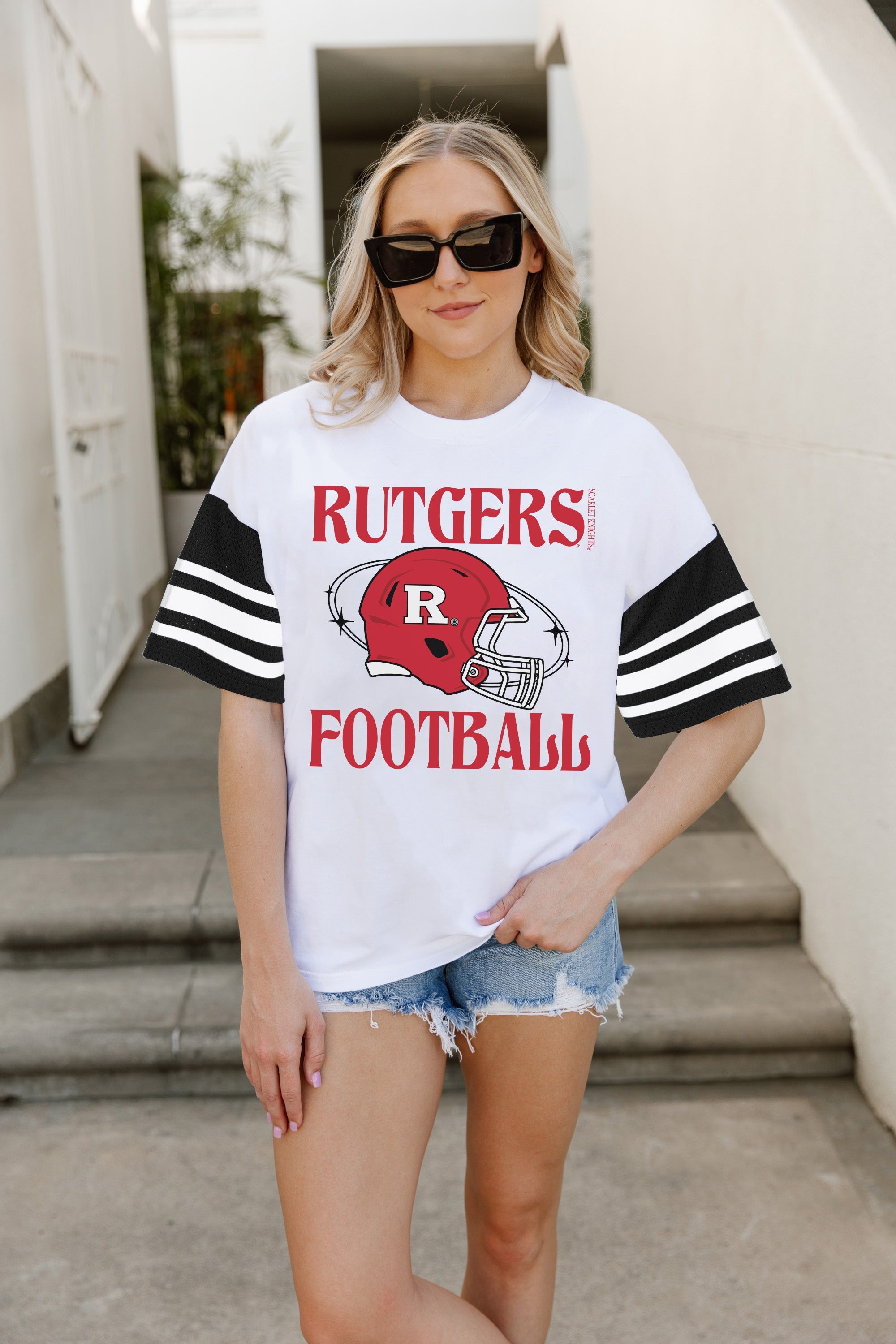 RUTGERS SCARLET KNIGHTS STARTING LINEUP VINTAGE LOOK SHORT SLEEVE SPORTS STRIPE RAGLAN TEE