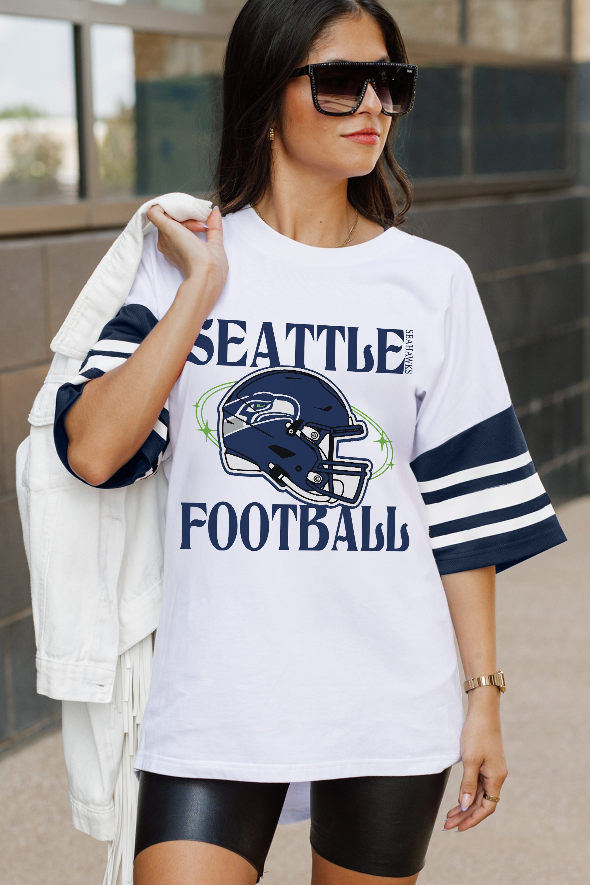 SEATTLE SEAHAWKS STARTING LINEUP VINTAGE LOOK SHORT SLEEVE SPORTS STRIPE RAGLAN TEE