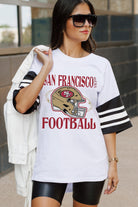 SAN FRANCISCO 49ERS STARTING LINEUP VINTAGE LOOK SHORT SLEEVE SPORTS STRIPE RAGLAN TEE