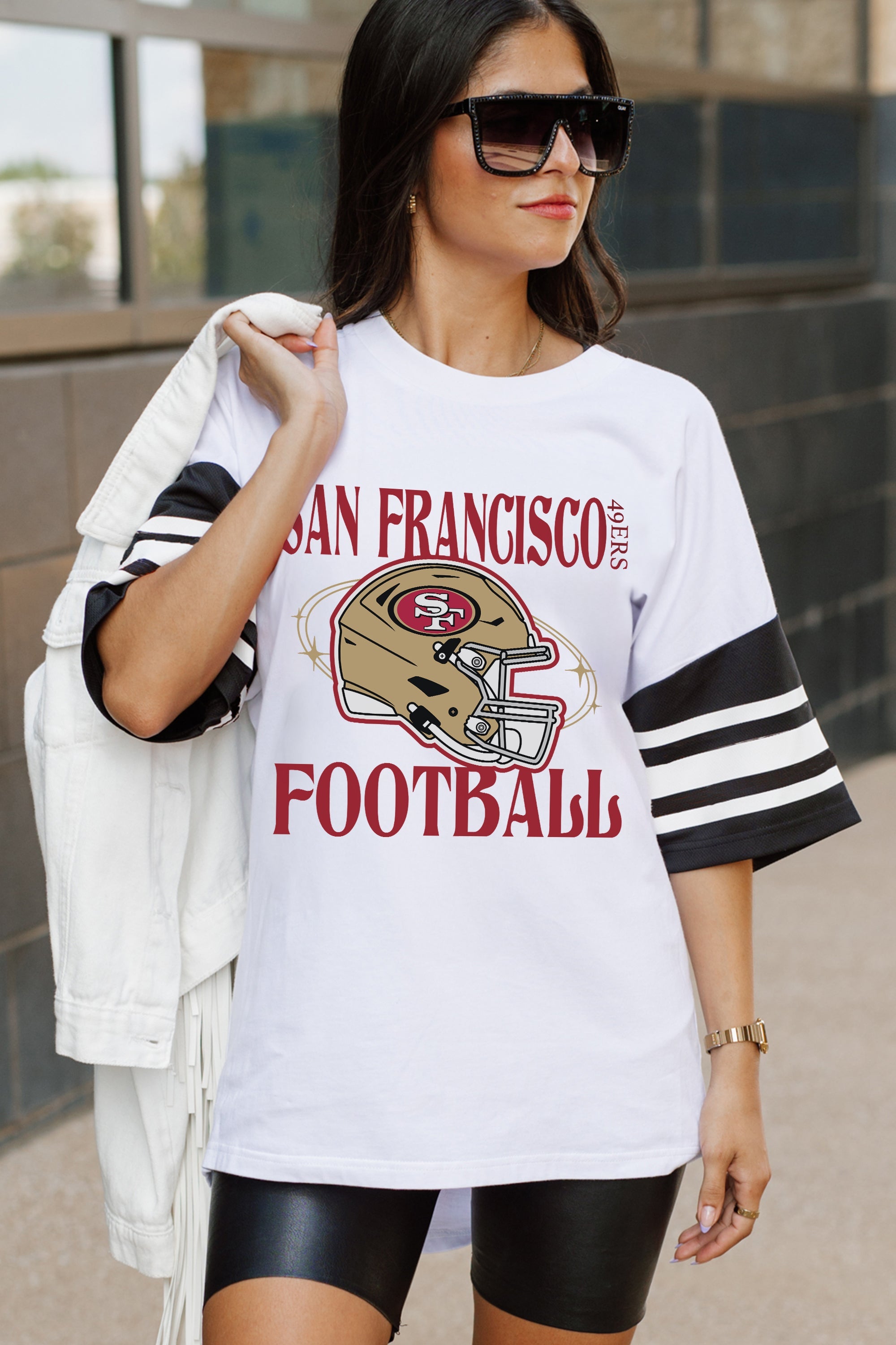 SAN FRANCISCO 49ERS STARTING LINEUP VINTAGE LOOK SHORT SLEEVE SPORTS STRIPE RAGLAN TEE