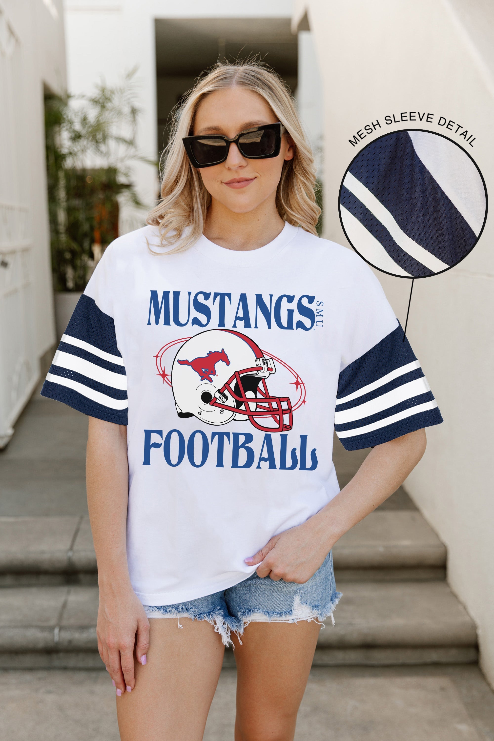 SMU MUSTANGS STARTING LINEUP VINTAGE LOOK SHORT SLEEVE SPORTS STRIPE RAGLAN TEE