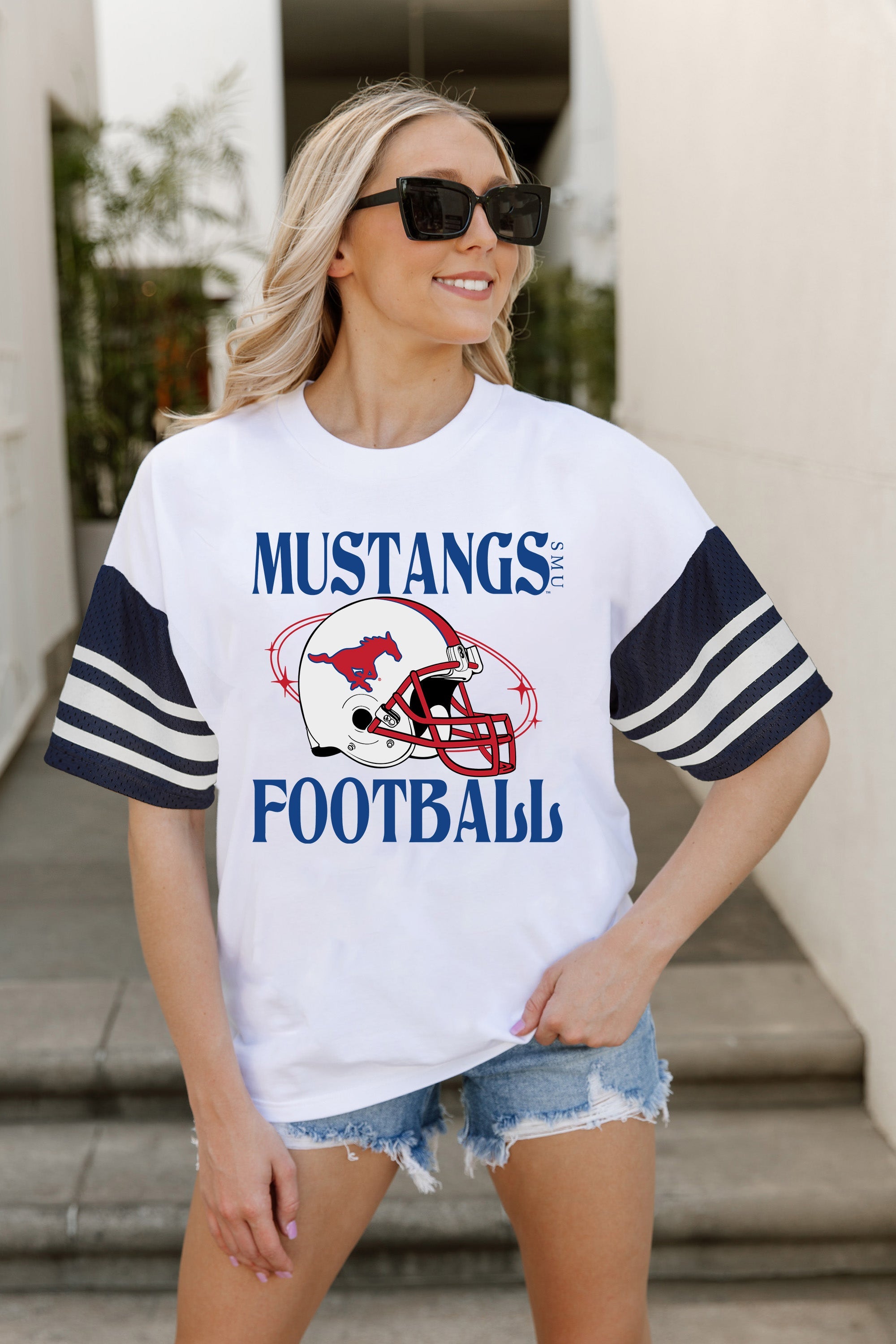 SMU MUSTANGS STARTING LINEUP VINTAGE LOOK SHORT SLEEVE SPORTS STRIPE RAGLAN TEE