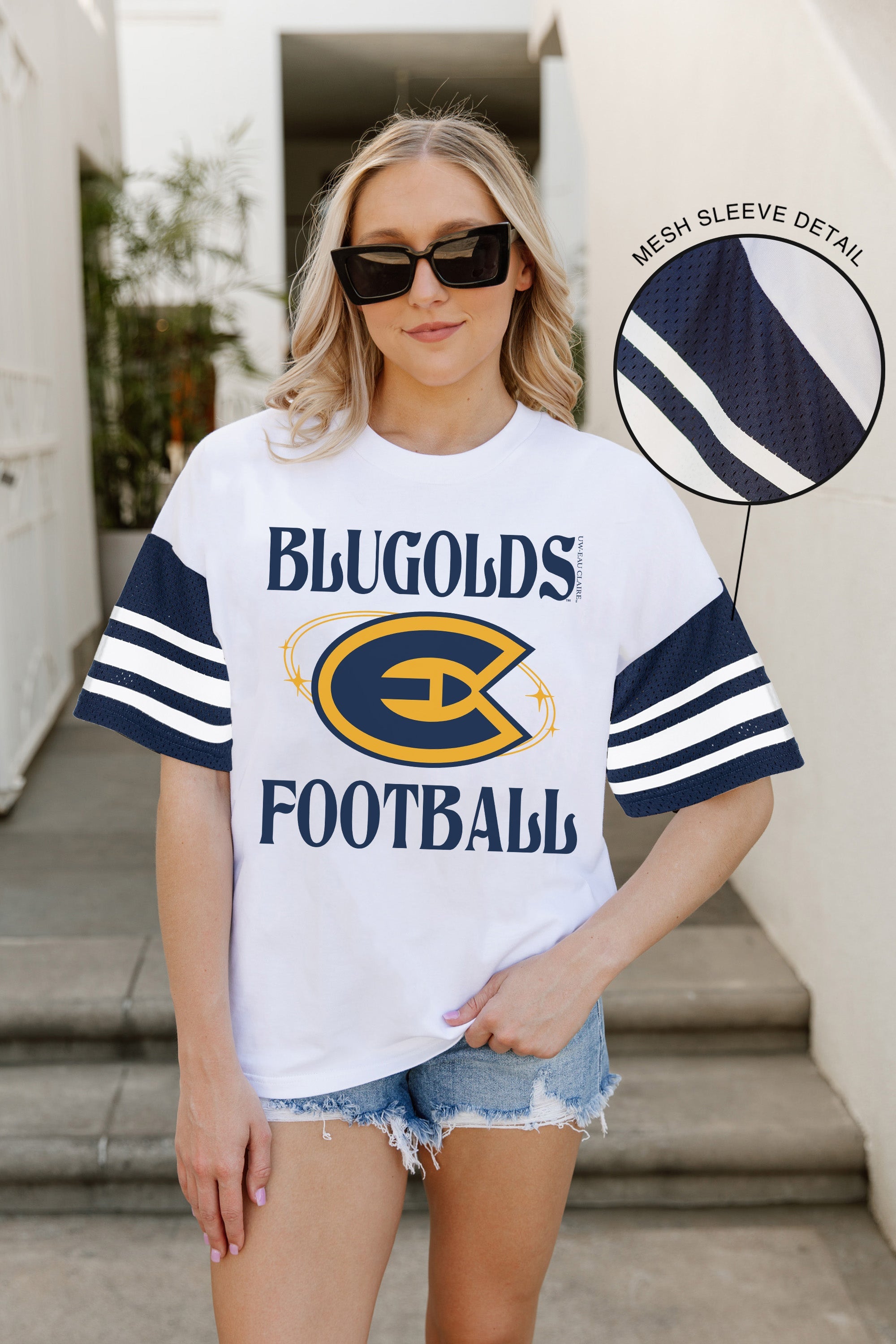 WISCONSIN-EAU CLAIRE BLUGOLDS STARTING LINEUP VINTAGE LOOK SHORT SLEEVE SPORTS STRIPE RAGLAN TEE