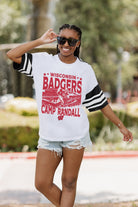 WISCONSIN BADGERS CROWD PLEASER VINTAGE LOOK SHORT SLEEVE SPORTS STRIPE RAGLAN TEE