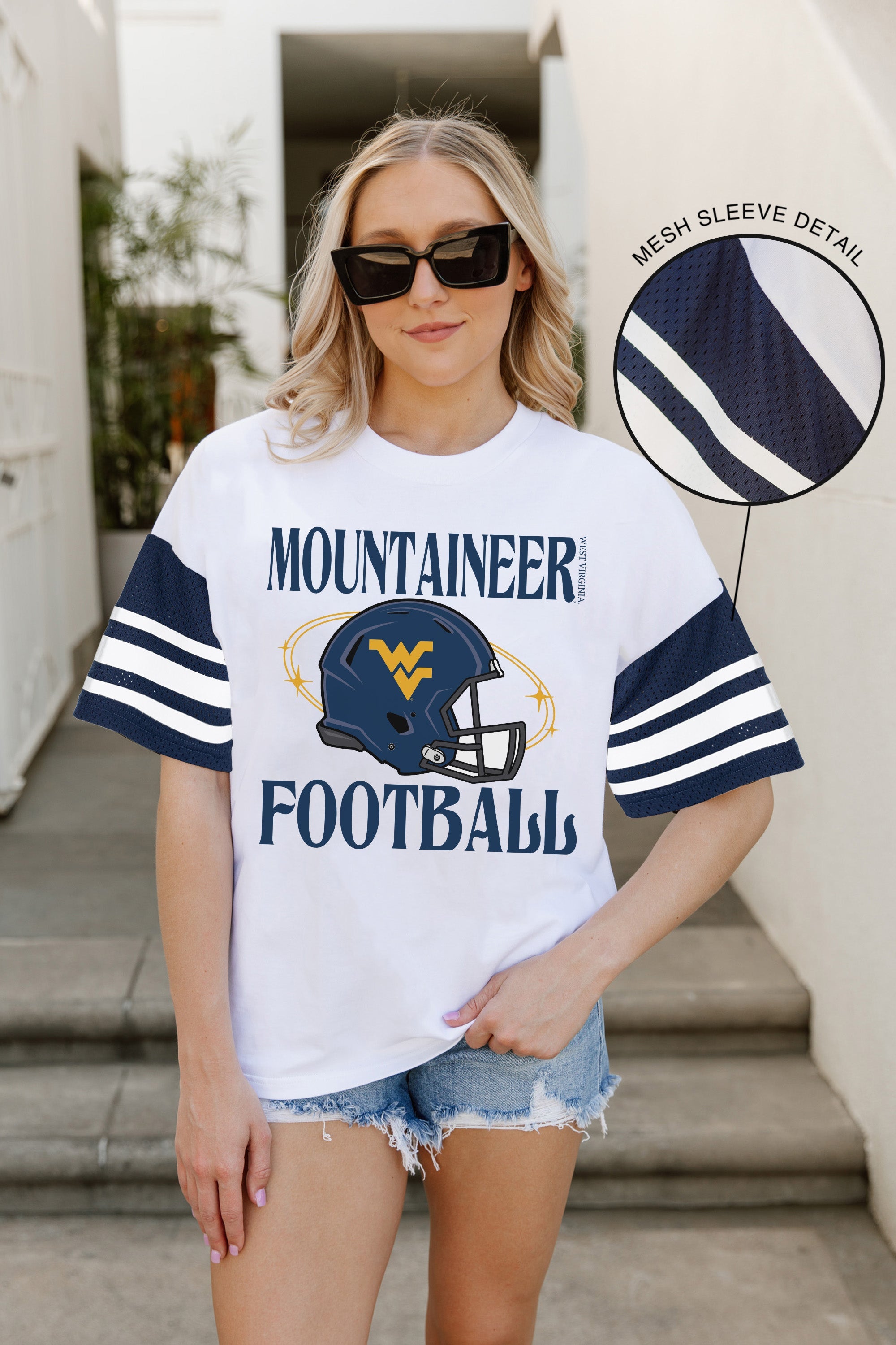 WEST VIRGINIA MOUNTAINEERS STARTING LINEUP VINTAGE LOOK SHORT SLEEVE SPORTS STRIPE RAGLAN TEE