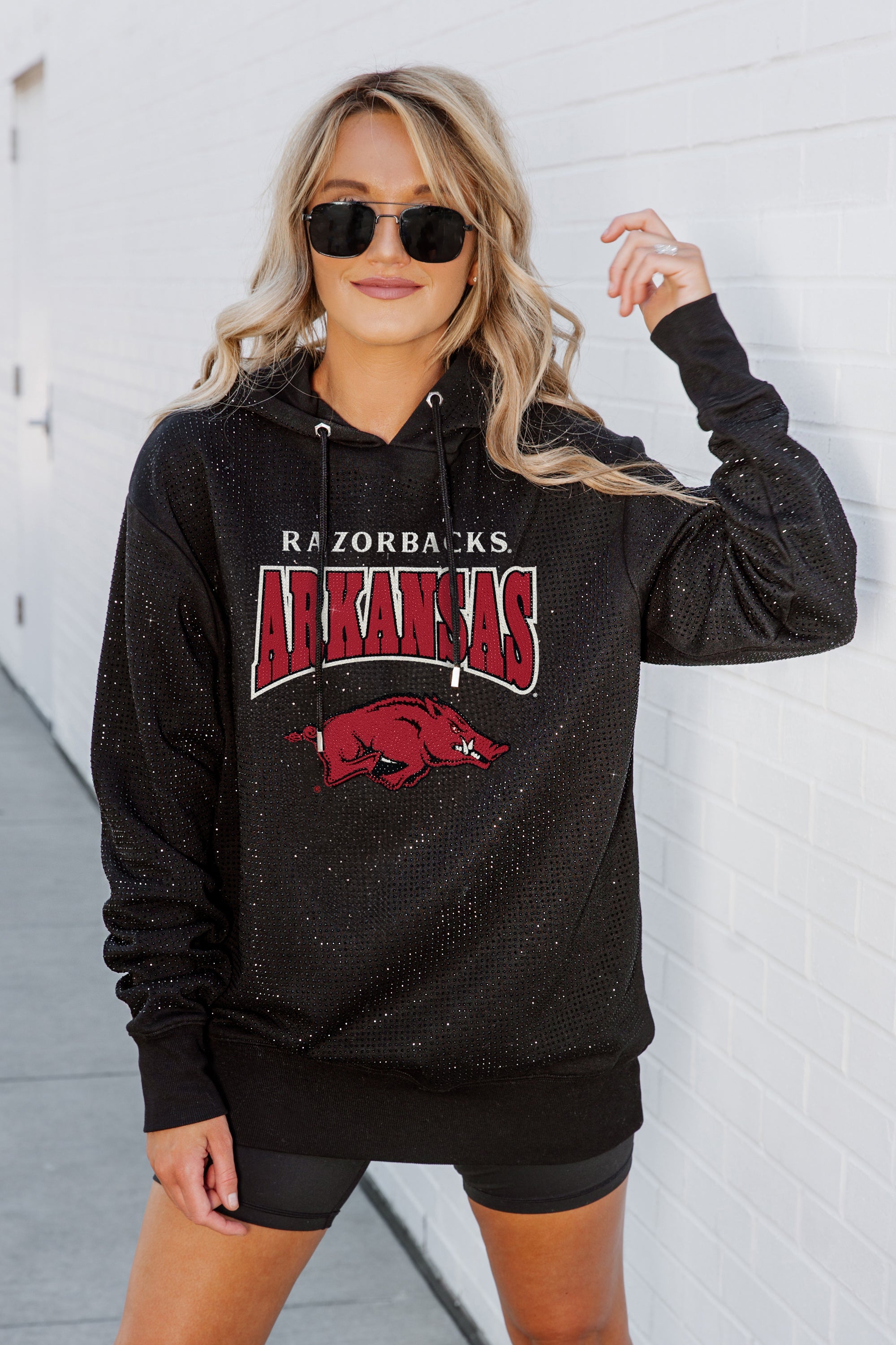 ARKANSAS RAZORBACKS SIDELINE SHIMMER ALL-OVER MICRO-RHINESTONE SPARKLE HOODED SWEATSHIRT