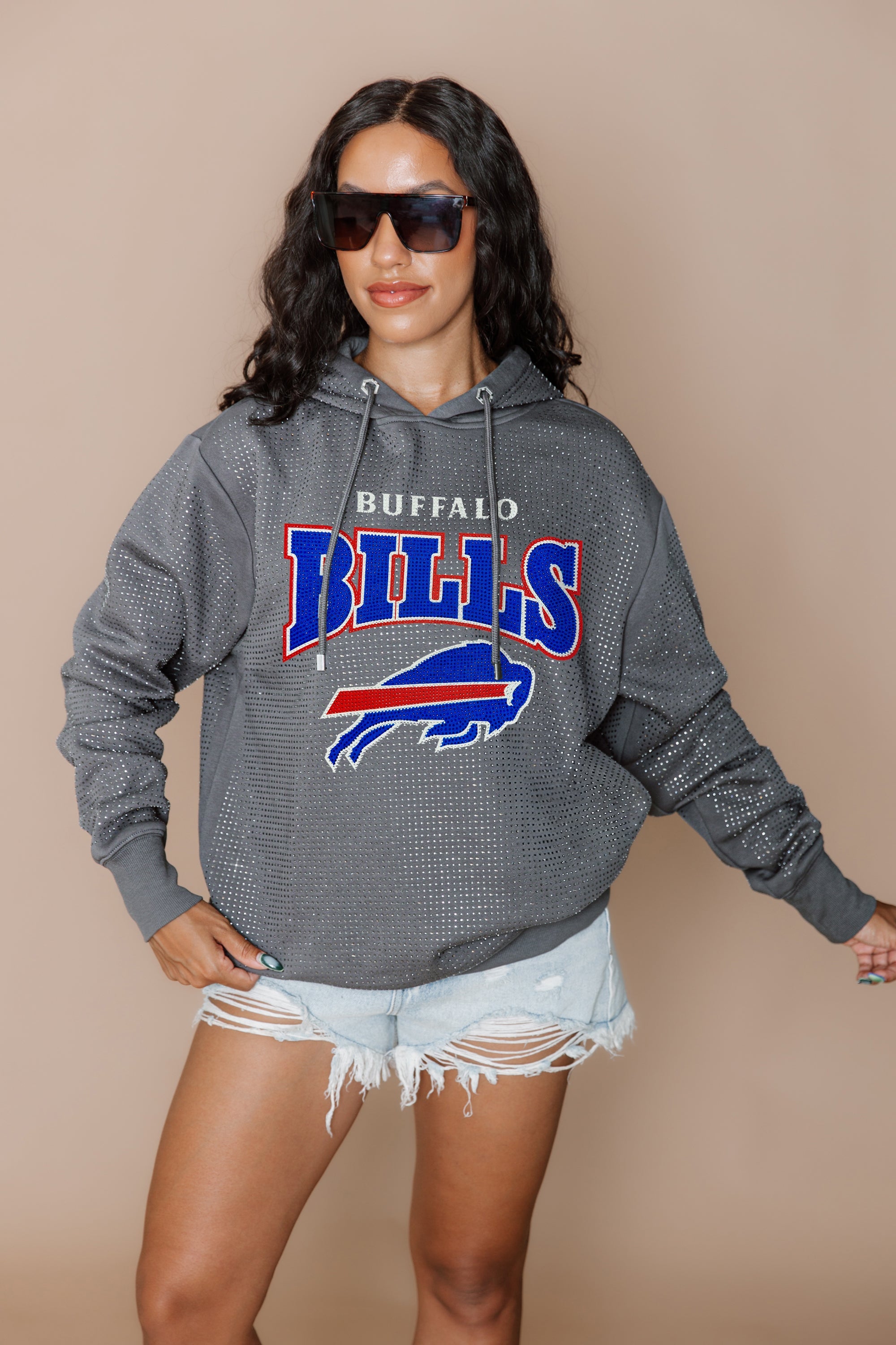 BUFFALO BILLS SIDELINE SHIMMER ALL-OVER MICRO-RHINESTONE SPARKLE HOODED SWEATSHIRT