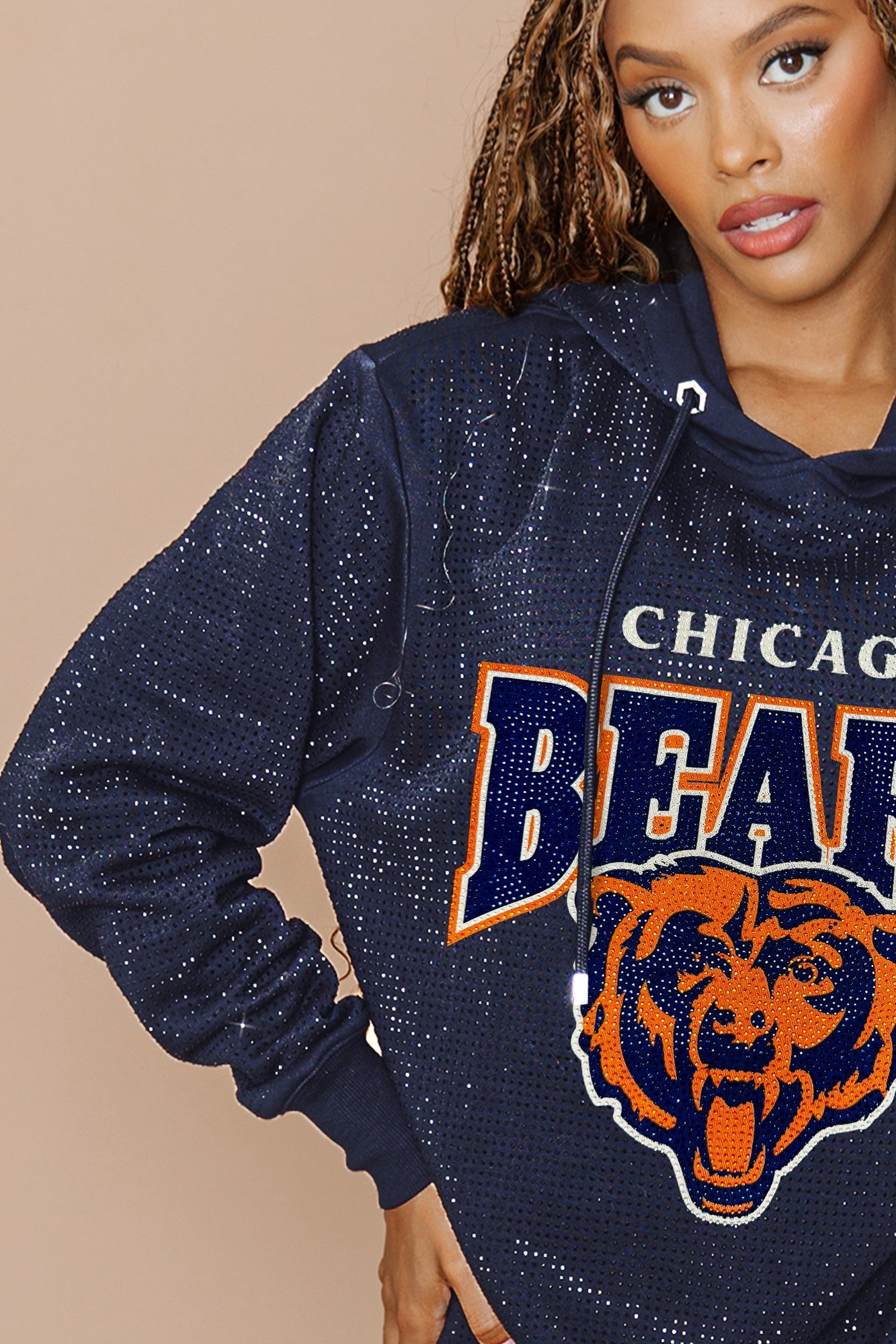 CHICAGO BEARS SIDELINE SHIMMER ALL-OVER MICRO-RHINESTONE SPARKLE HOODED SWEATSHIRT