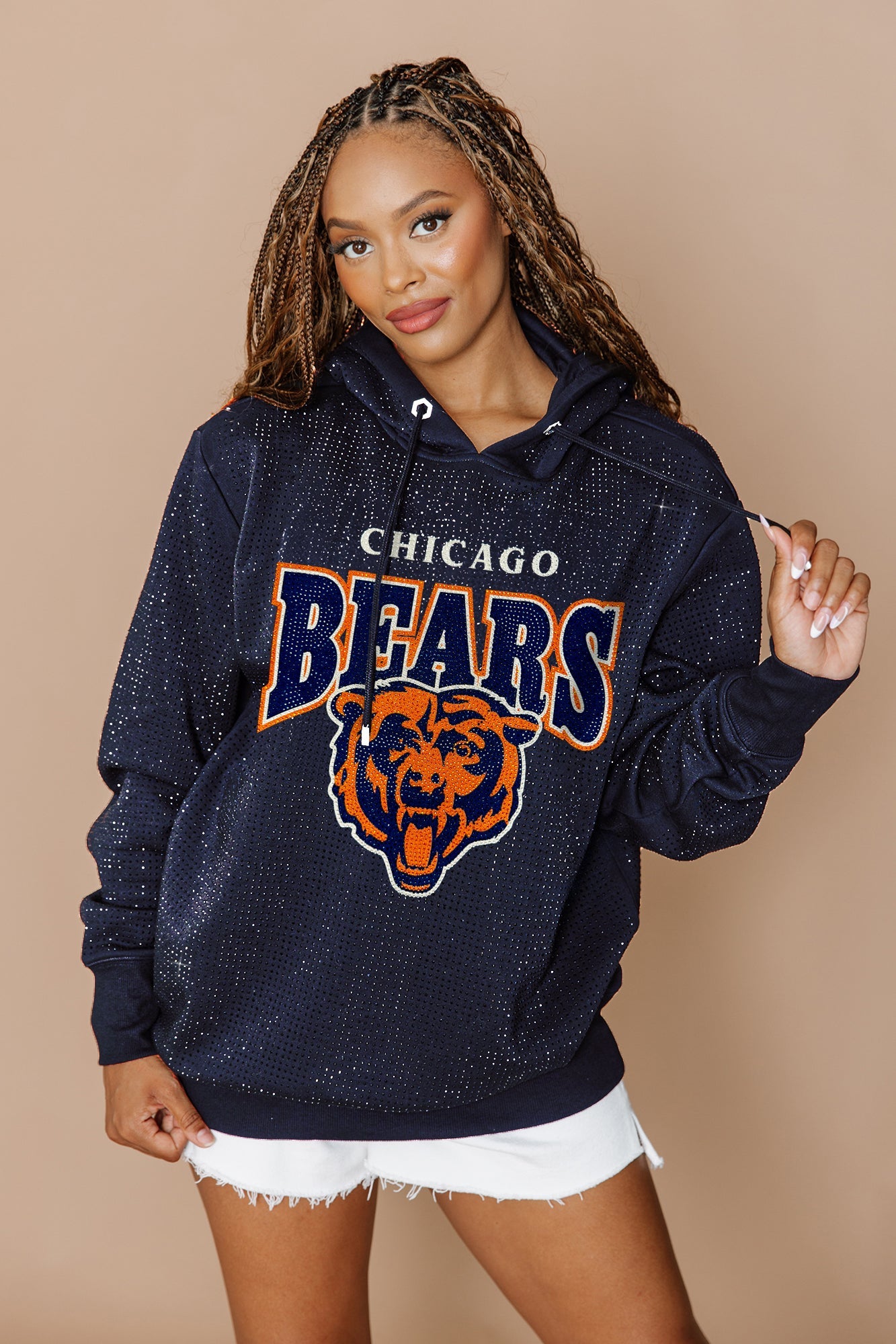 CHICAGO BEARS SIDELINE SHIMMER ALL-OVER MICRO-RHINESTONE SPARKLE HOODED SWEATSHIRT