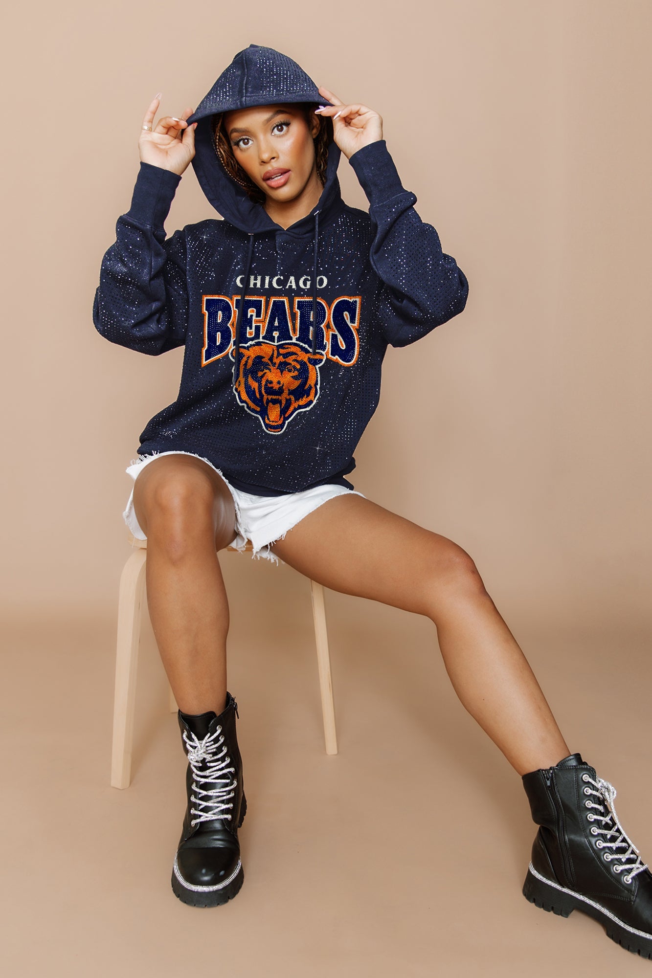 CHICAGO BEARS SIDELINE SHIMMER ALL-OVER MICRO-RHINESTONE SPARKLE HOODED SWEATSHIRT