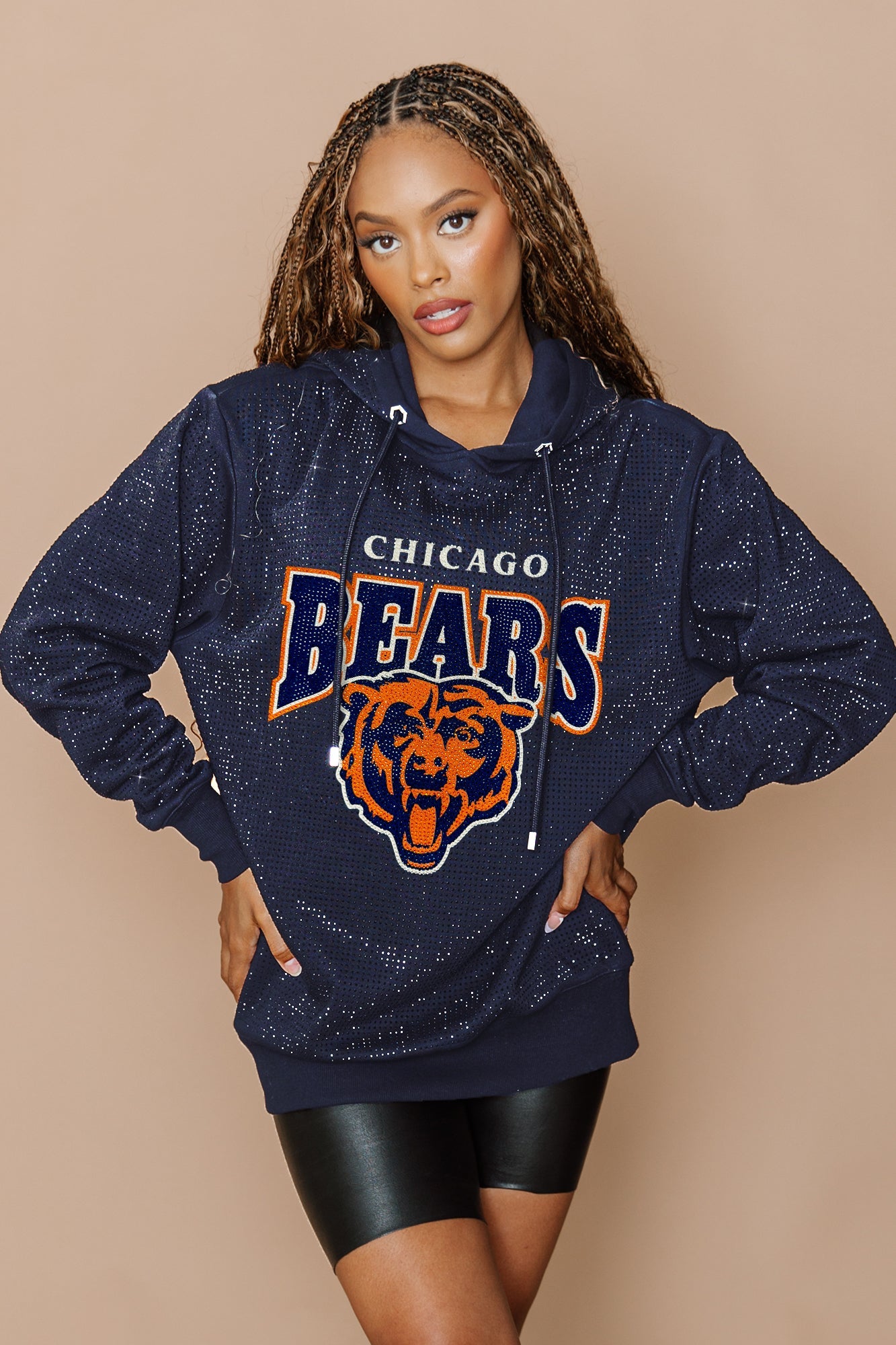 CHICAGO BEARS SIDELINE SHIMMER ALL OVER MICRO RHINESTONE SPARKLE HOODED SWEATSHIRT