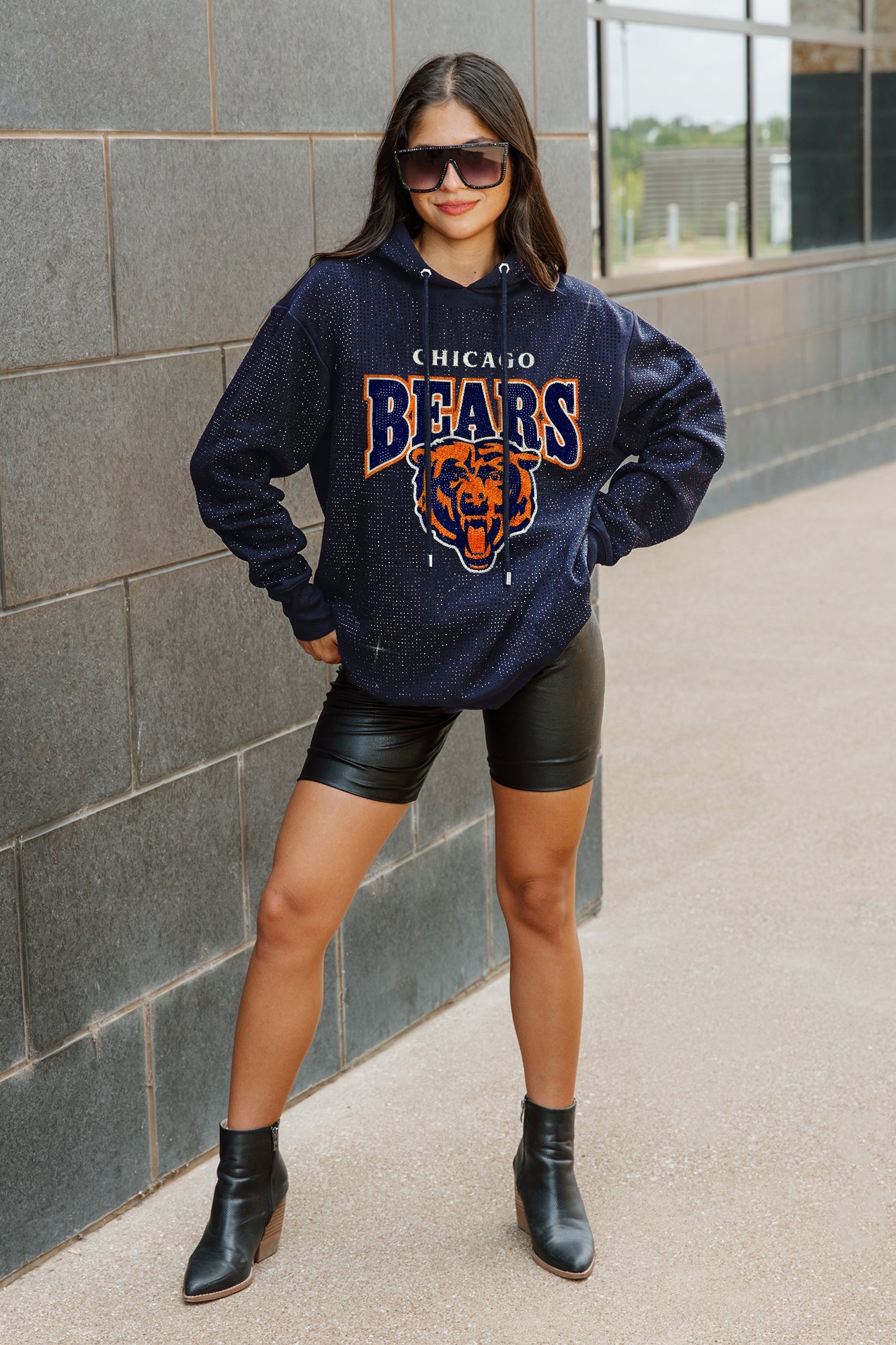 CHICAGO BEARS SIDELINE SHIMMER ALL-OVER MICRO-RHINESTONE SPARKLE HOODED SWEATSHIRT