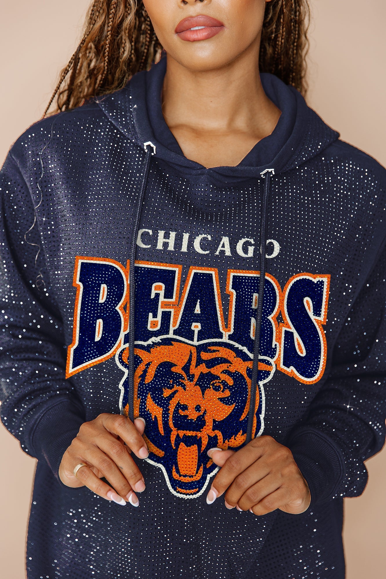 CHICAGO BEARS SIDELINE SHIMMER ALL-OVER MICRO-RHINESTONE SPARKLE HOODED SWEATSHIRT