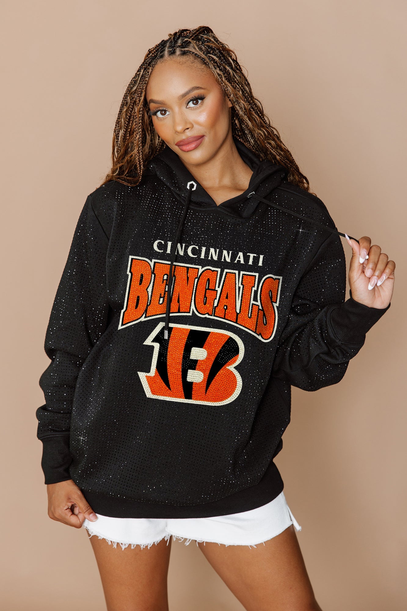 CINCINNATI BENGALS SIDELINE SHIMMER ALL-OVER MICRO-RHINESTONE SPARKLE HOODED SWEATSHIRT