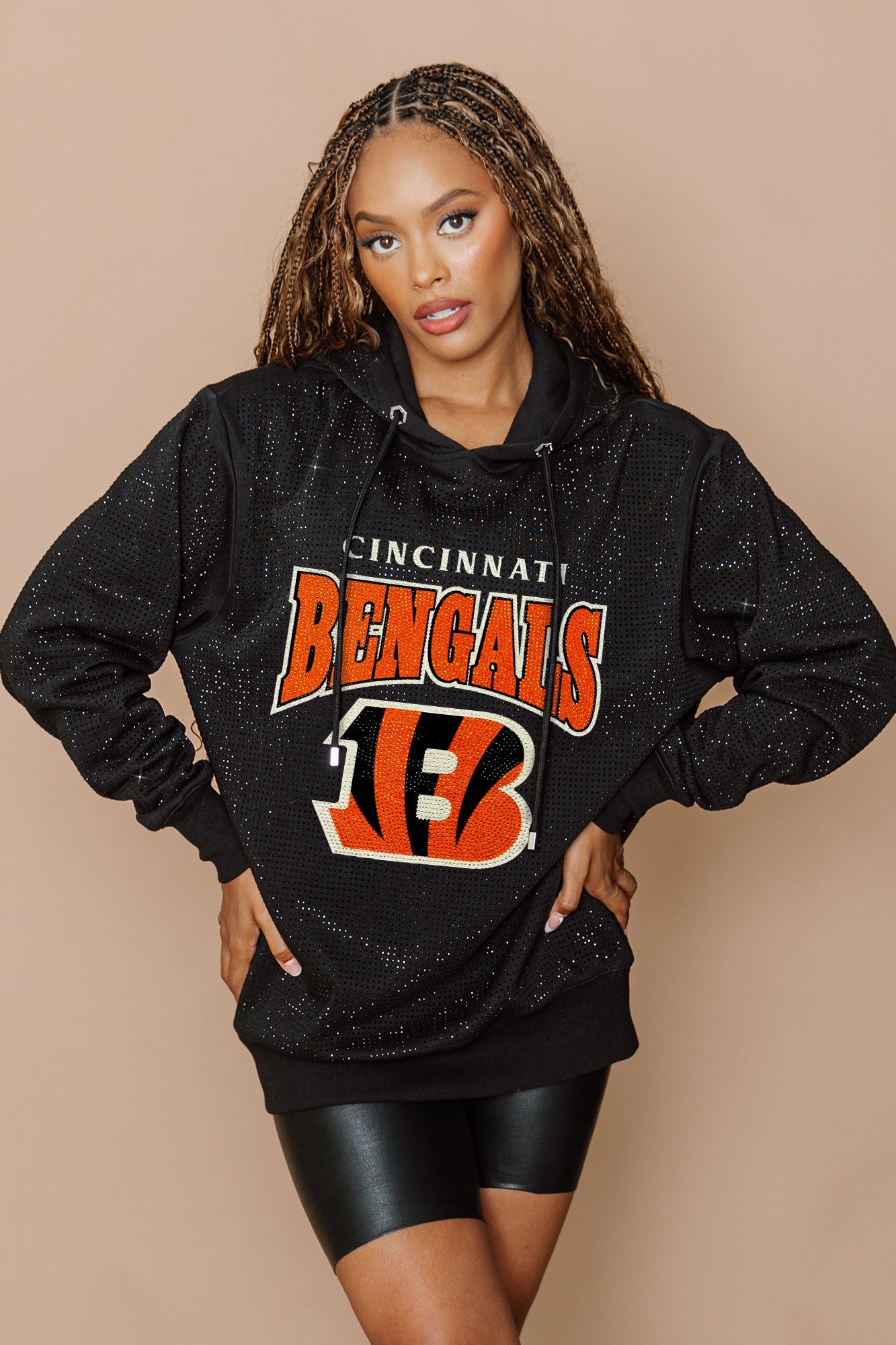 CINCINNATI BENGALS SIDELINE SHIMMER ALL-OVER MICRO-RHINESTONE SPARKLE HOODED SWEATSHIRT