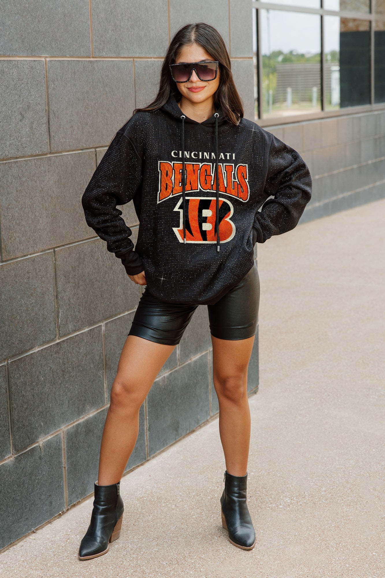 CINCINNATI BENGALS SIDELINE SHIMMER ALL-OVER MICRO-RHINESTONE SPARKLE HOODED SWEATSHIRT