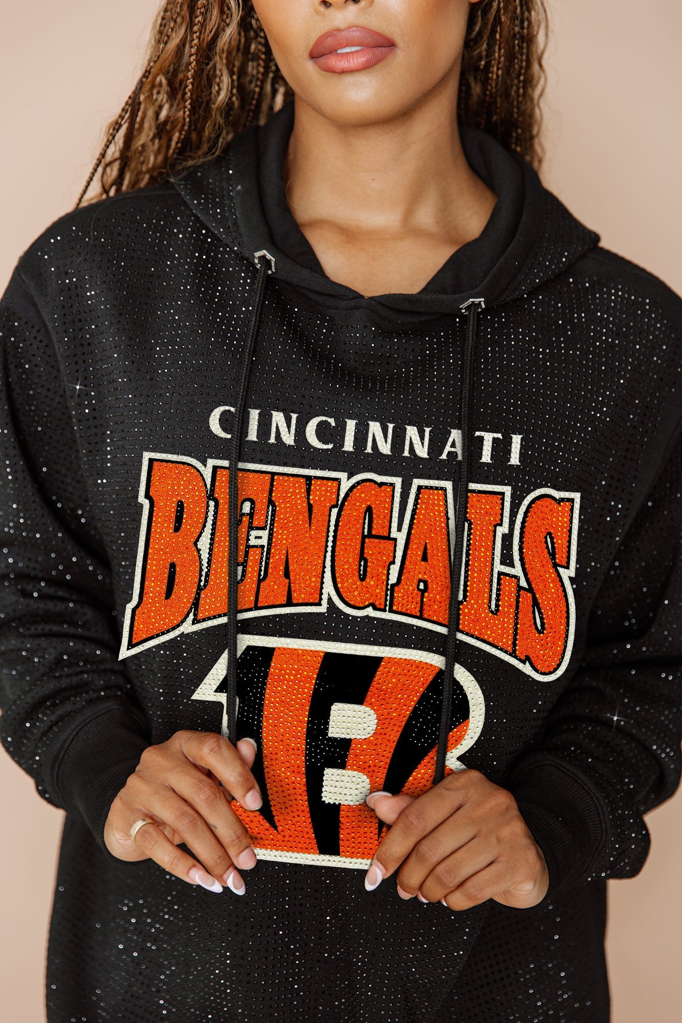 CINCINNATI BENGALS SIDELINE SHIMMER ALL-OVER MICRO-RHINESTONE SPARKLE HOODED SWEATSHIRT