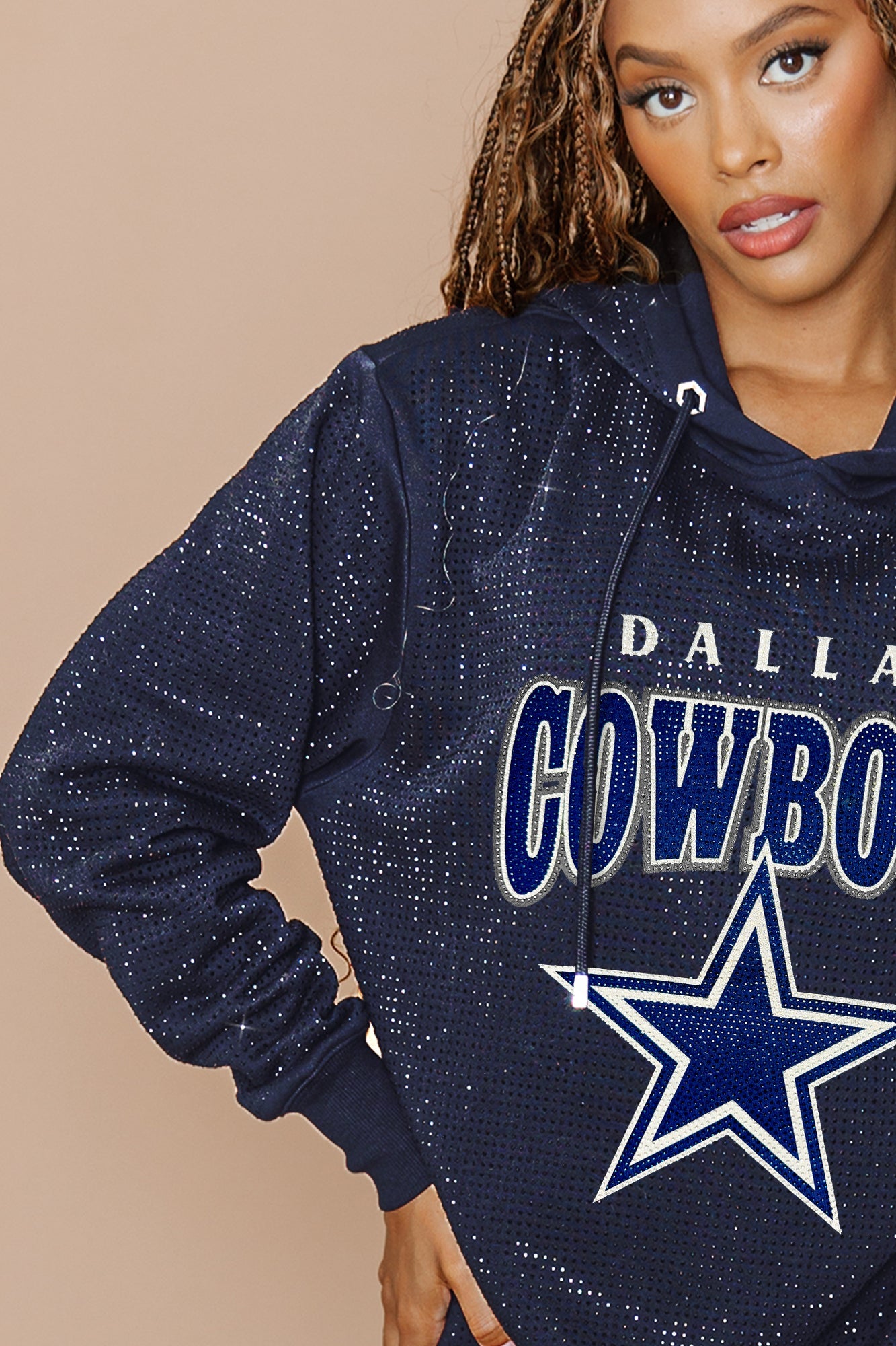 DALLAS COWBOYS SIDELINE SHIMMER ALL-OVER MICRO-RHINESTONE SPARKLE HOODED SWEATSHIRT