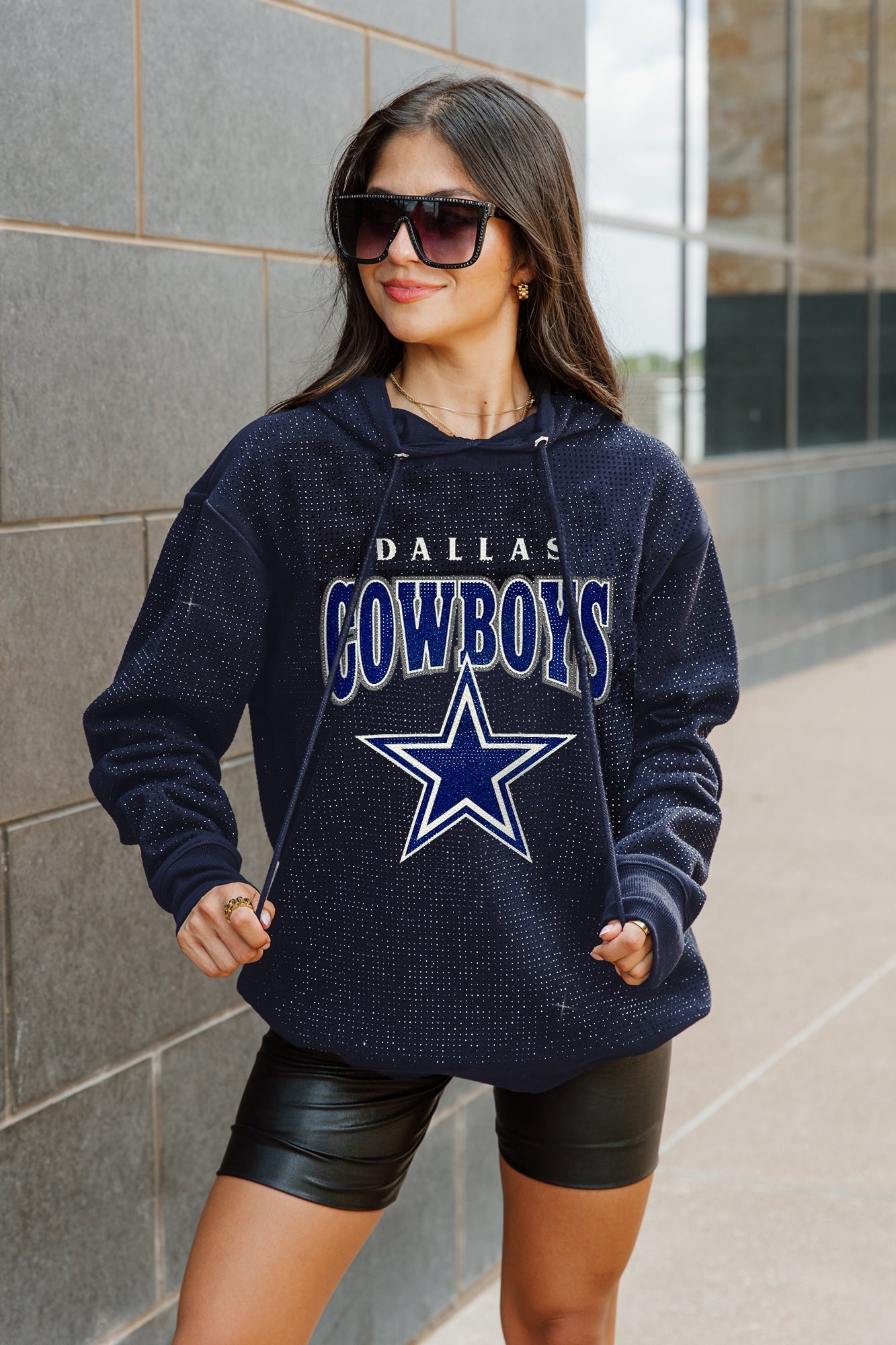 DALLAS COWBOYS SIDELINE SHIMMER ALL-OVER MICRO-RHINESTONE SPARKLE HOODED SWEATSHIRT