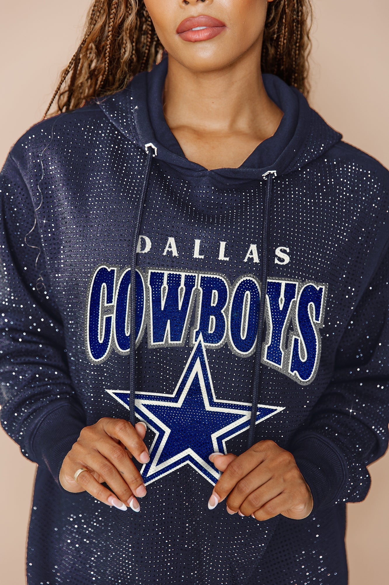 DALLAS COWBOYS SIDELINE SHIMMER ALL-OVER MICRO-RHINESTONE SPARKLE HOODED SWEATSHIRT