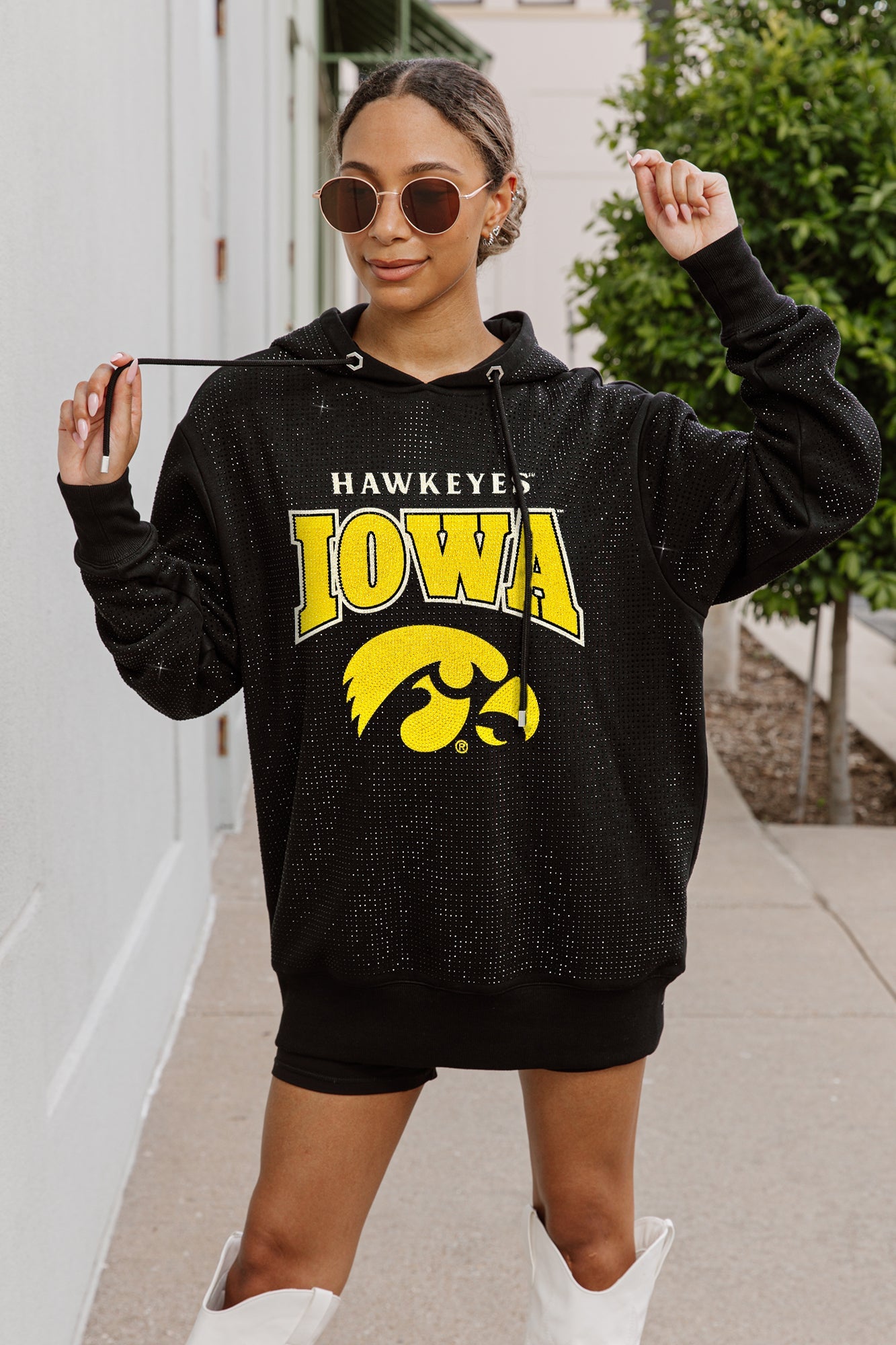 IOWA HAWKEYES SIDELINE SHIMMER ALL-OVER MICRO-RHINESTONE SPARKLE HOODED SWEATSHIRT