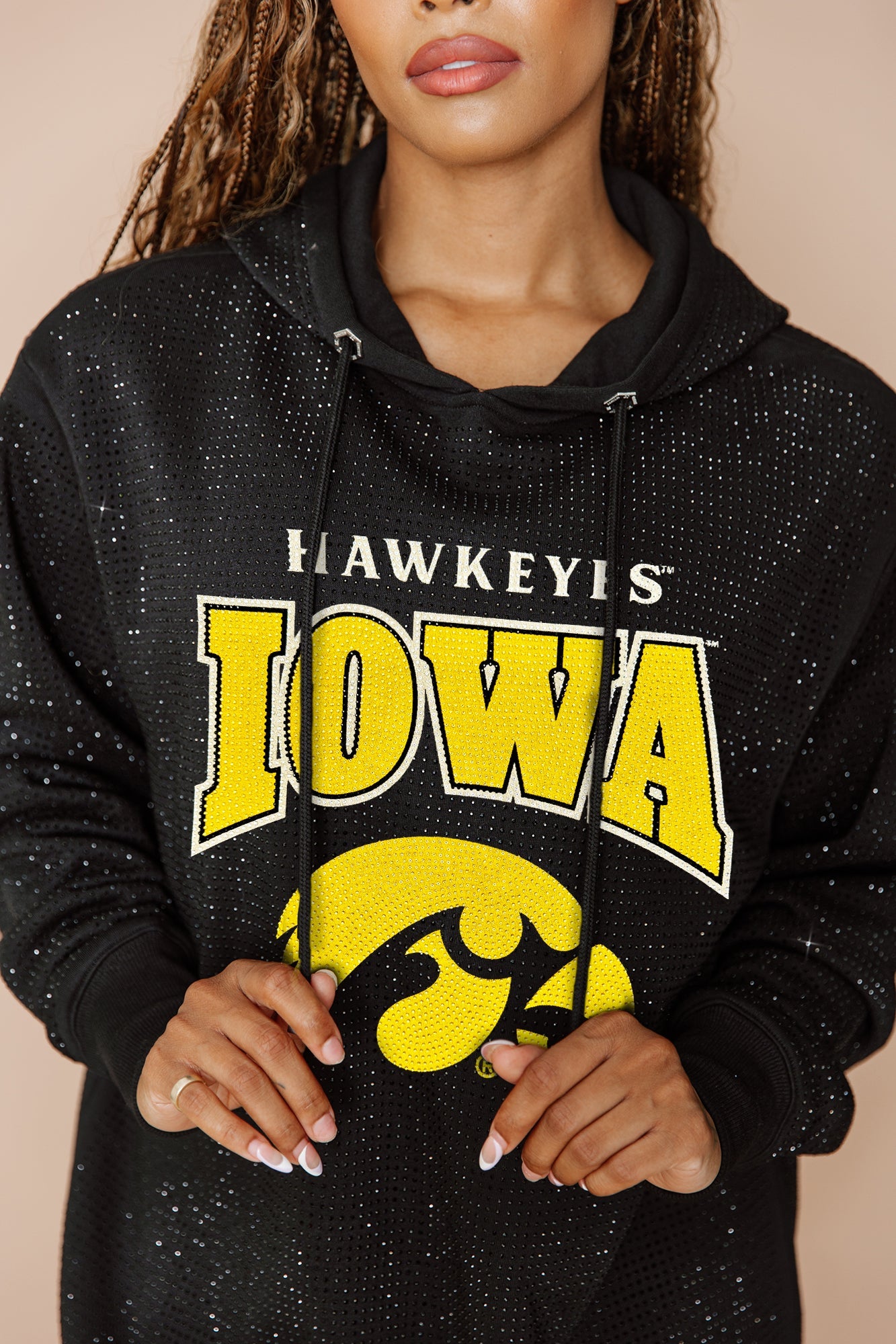 IOWA HAWKEYES SIDELINE SHIMMER ALL-OVER MICRO-RHINESTONE SPARKLE HOODED SWEATSHIRT