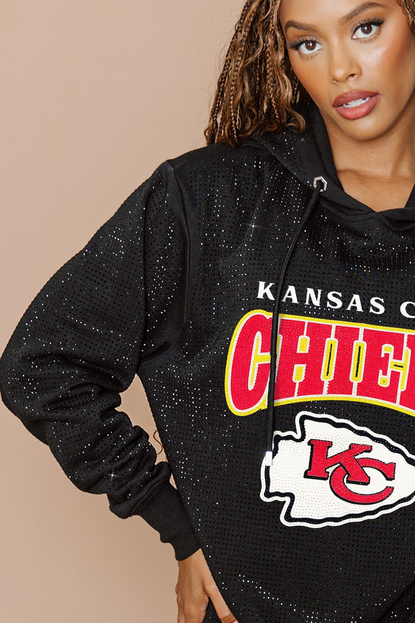 KANSAS CITY CHIEFS SIDELINE SHIMMER ALL-OVER MICRO-RHINESTONE SPARKLE HOODED SWEATSHIRT