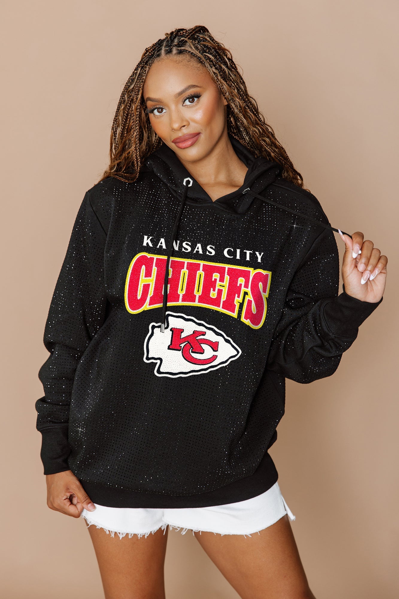 KANSAS CITY CHIEFS SIDELINE SHIMMER ALL-OVER MICRO-RHINESTONE SPARKLE HOODED SWEATSHIRT