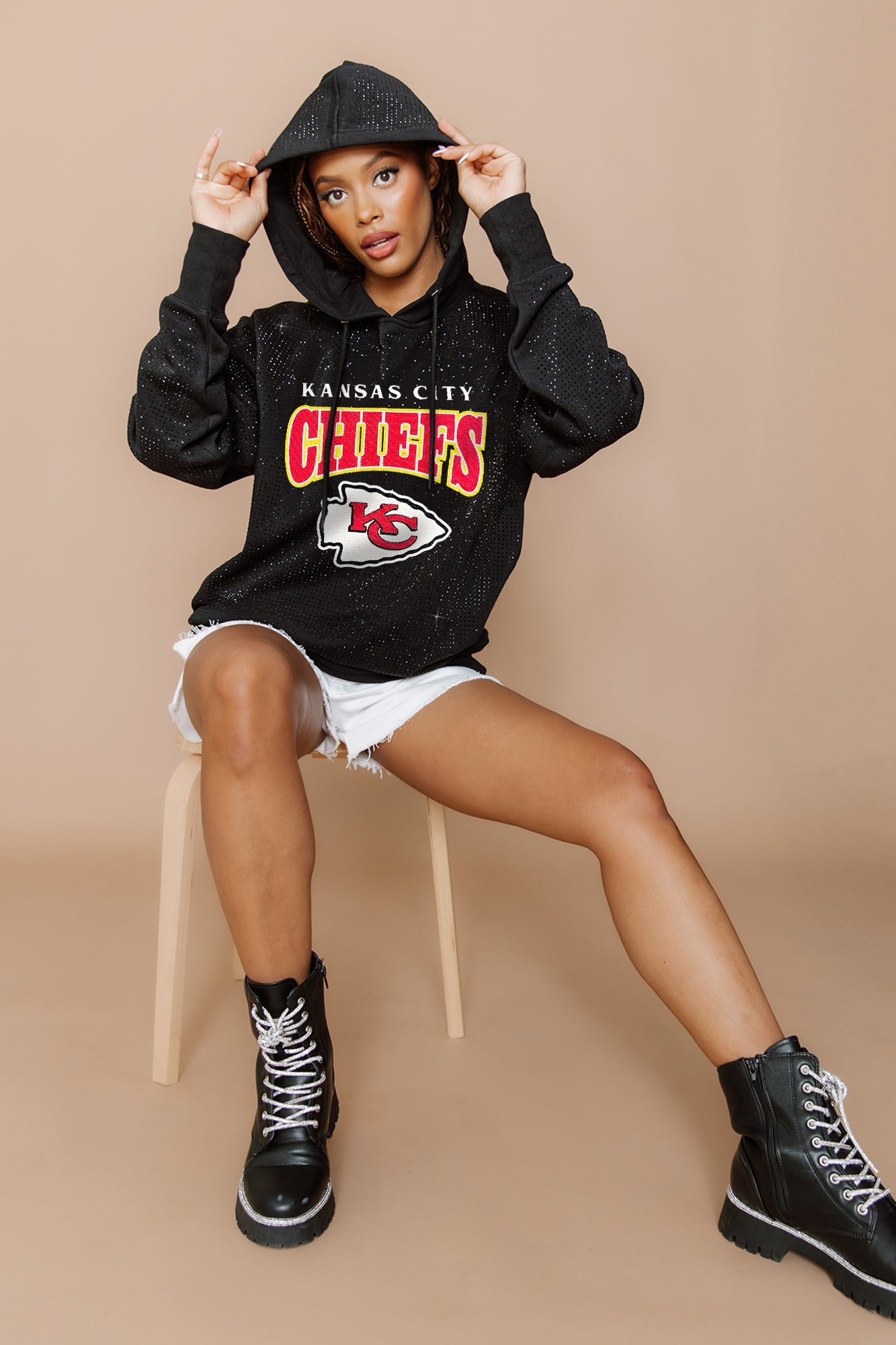 KANSAS CITY CHIEFS SIDELINE SHIMMER ALL-OVER MICRO-RHINESTONE SPARKLE HOODED SWEATSHIRT